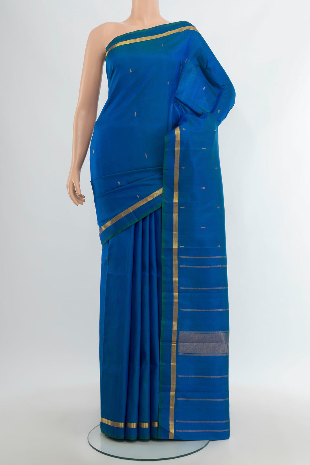 Royal Blue Kanchipuram Silk Saree with Zari Butta on the body and Zari Border.  displayed on a mannequin