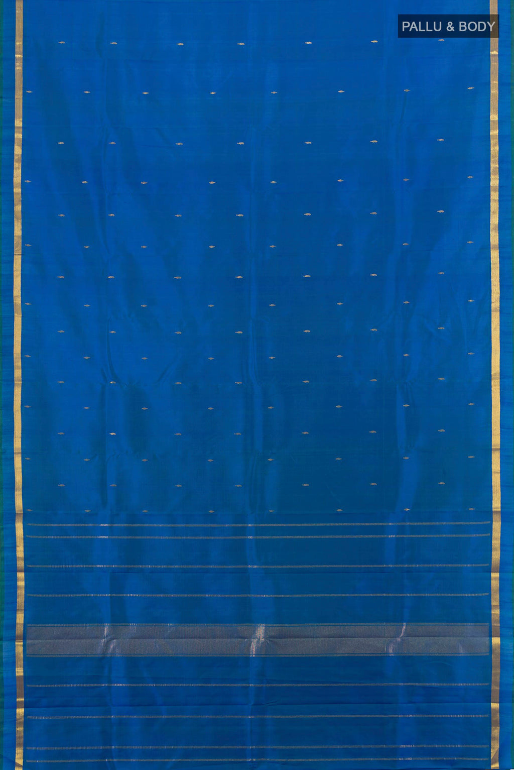 Flat view of Royal Blue Kanchipuram Silk Saree with Zari Butta on the body and Zari Border. 