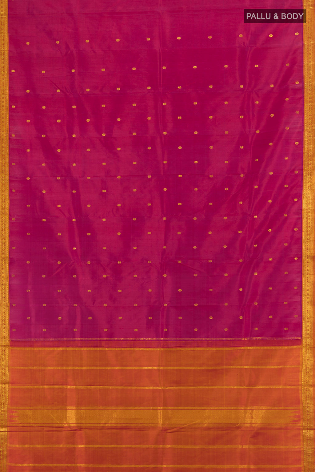 Flat view of Dark Pink Kanchipuram Silk Saree with Zari Butta on the body and Zari Border. 