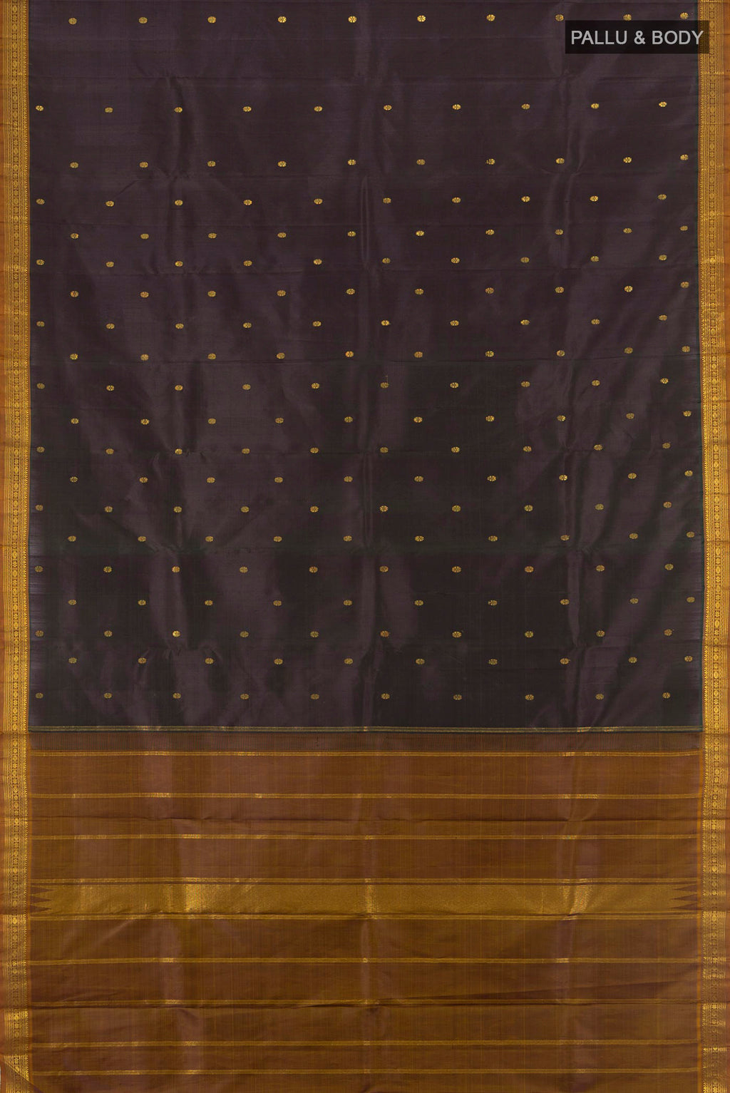 Flat view of Black Kanchipuram Silk Saree with Plain Body and Zari Border. 