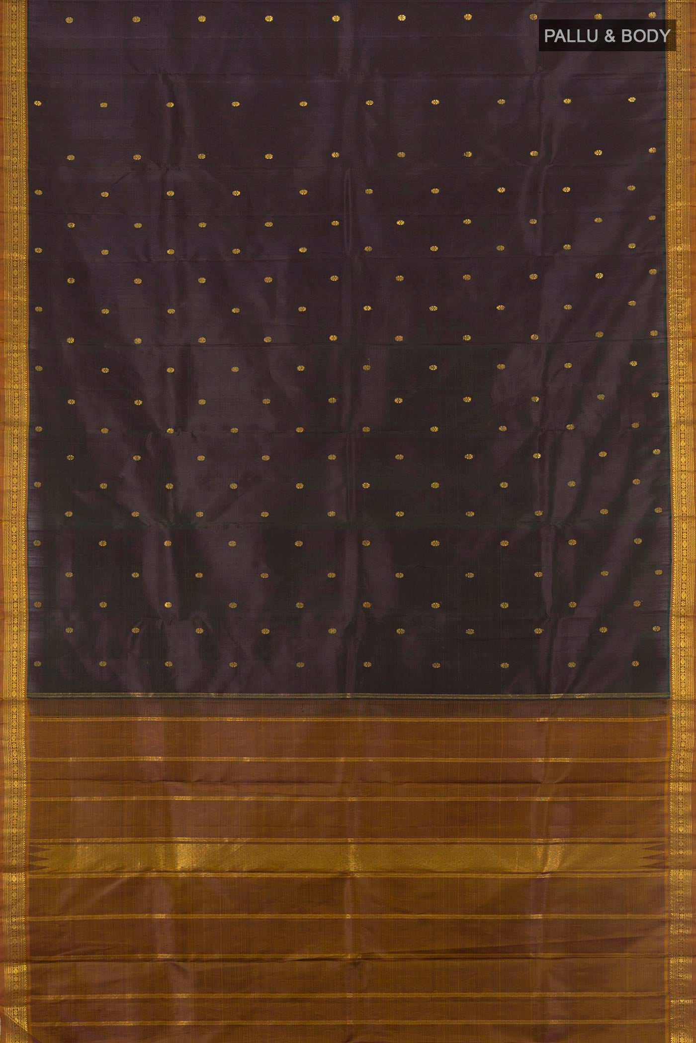 Flat view of Black Kanchipuram Silk Saree with Plain Body and Zari Border. 
