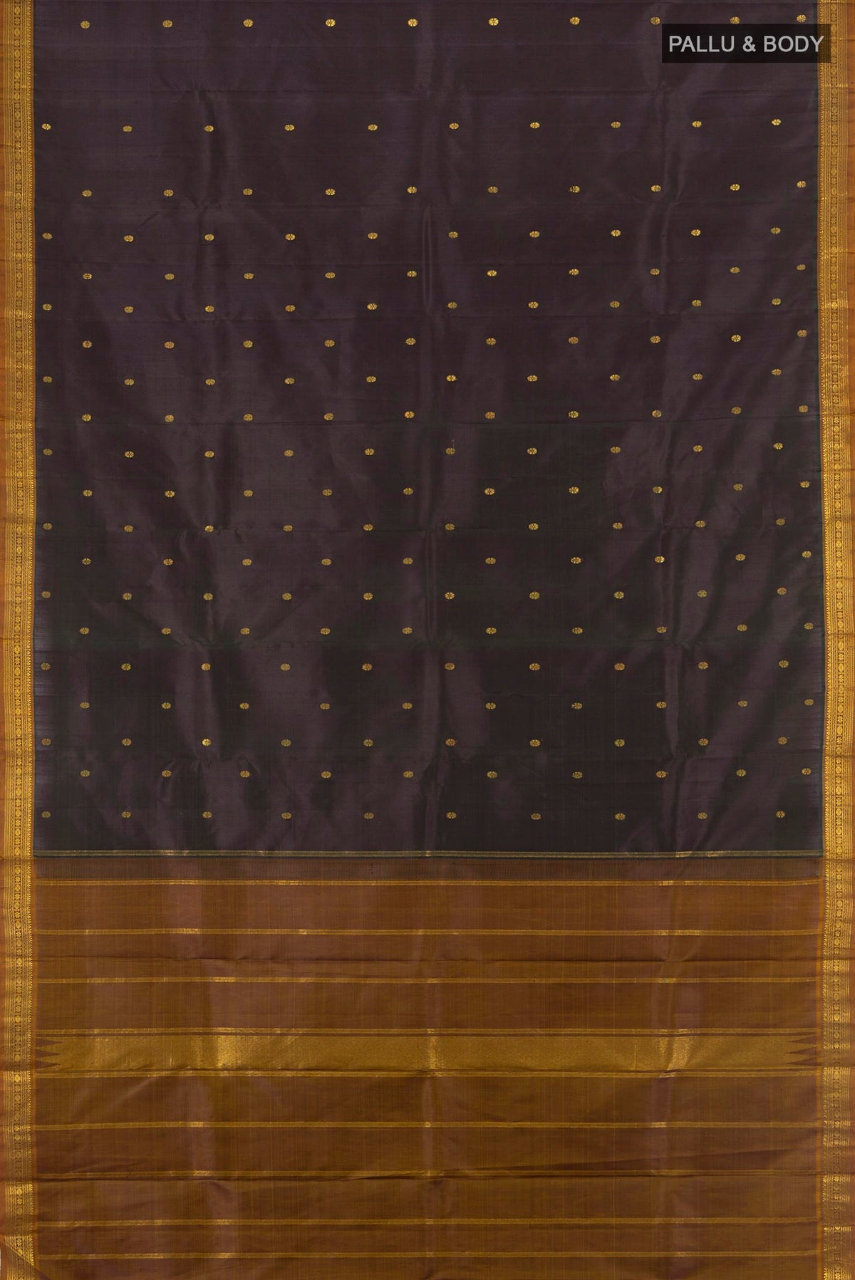 Flat view of Black Kanchipuram Silk Saree with Plain Body and Zari Border. 
