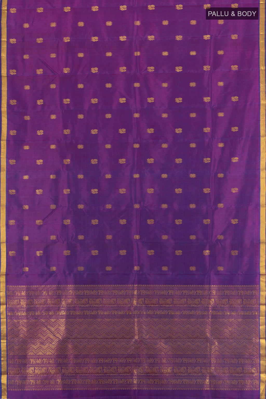 Flat view of Purple Kanjivaram Silk Saree with Zari Butta on the body and Zari Border. 