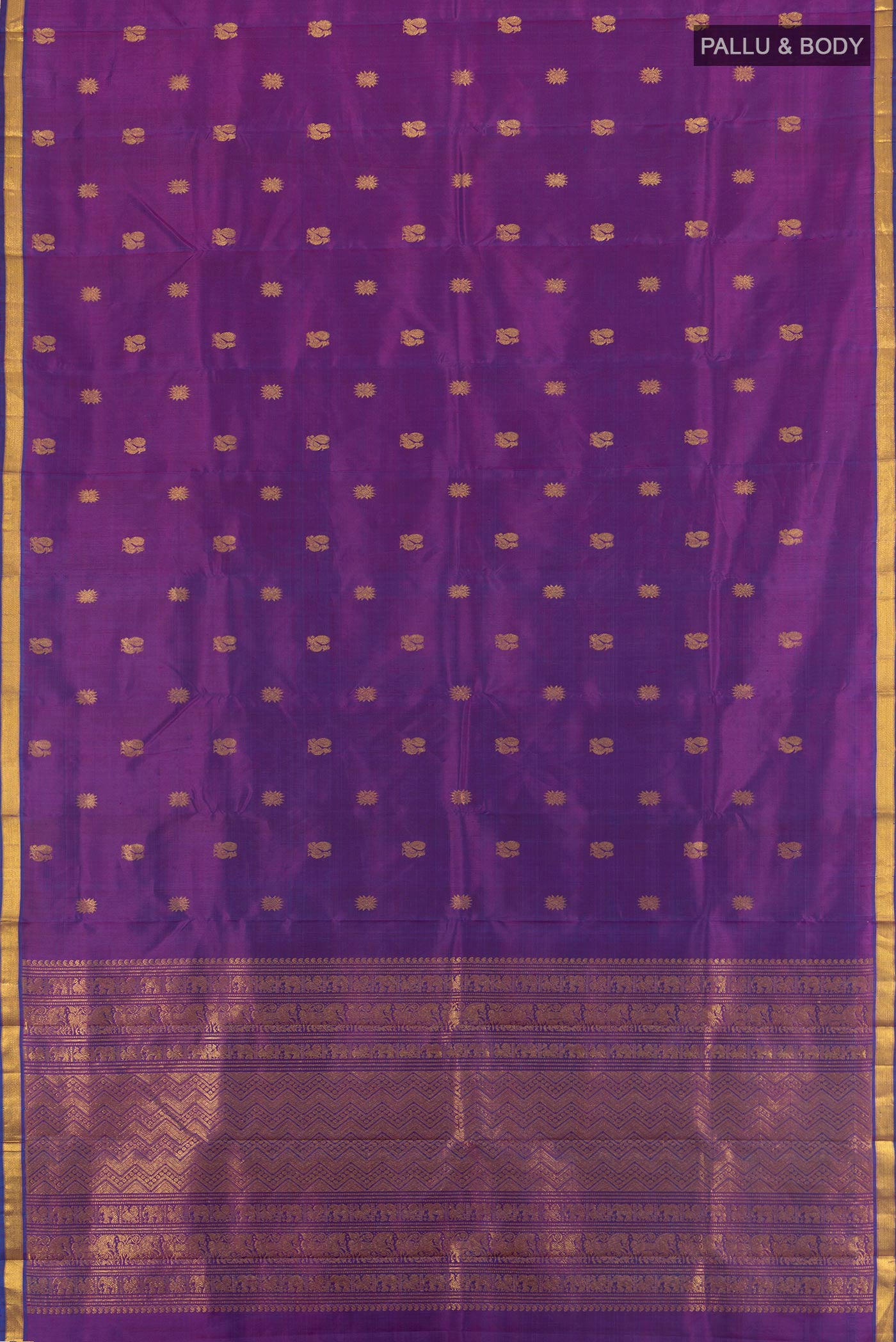 Flat view of Purple Kanjivaram Silk Saree with Zari Butta on the body and Zari Border. 