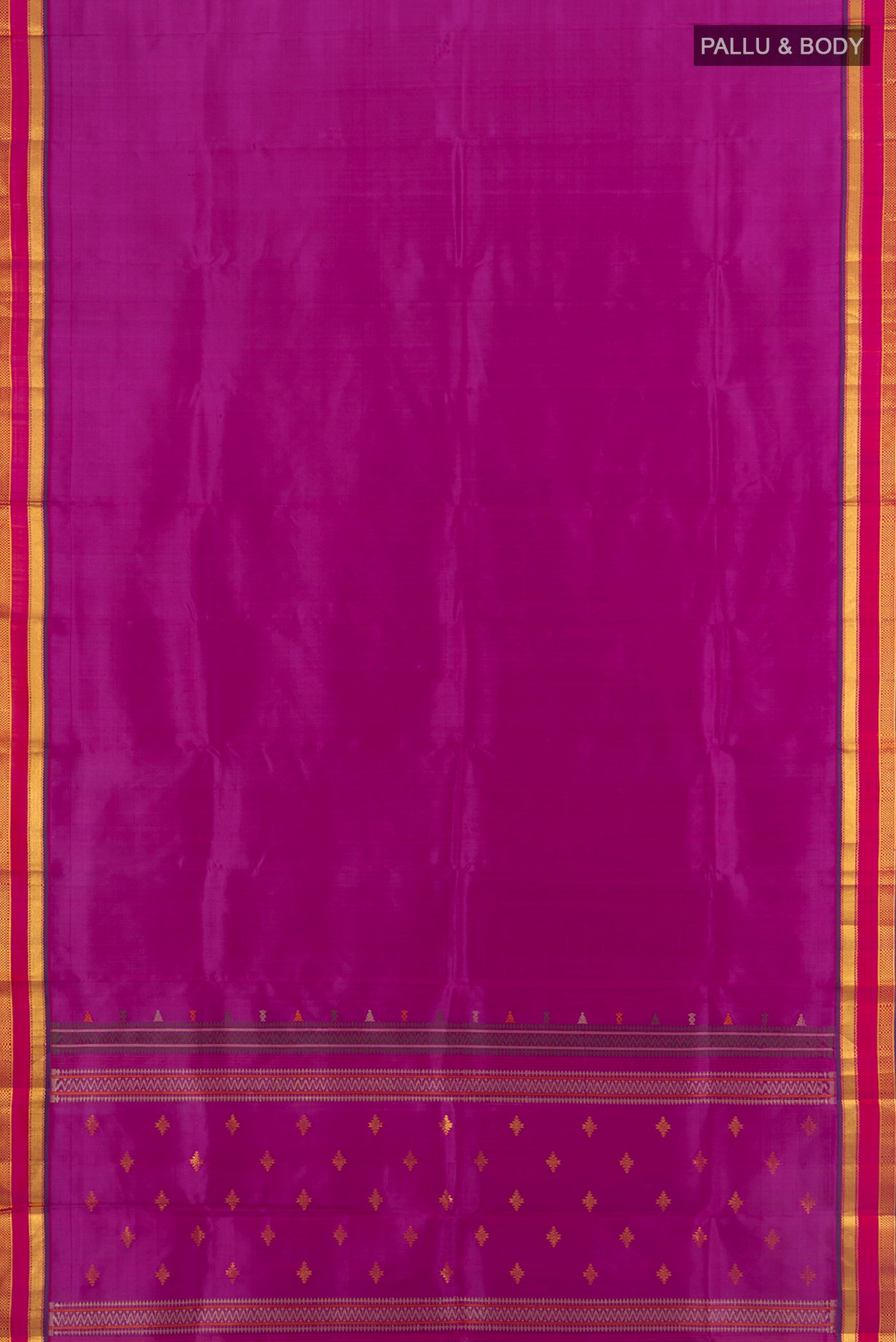 Flat view of Purple Kanchipuram Silk Saree with Plain Body and Zari Border. 