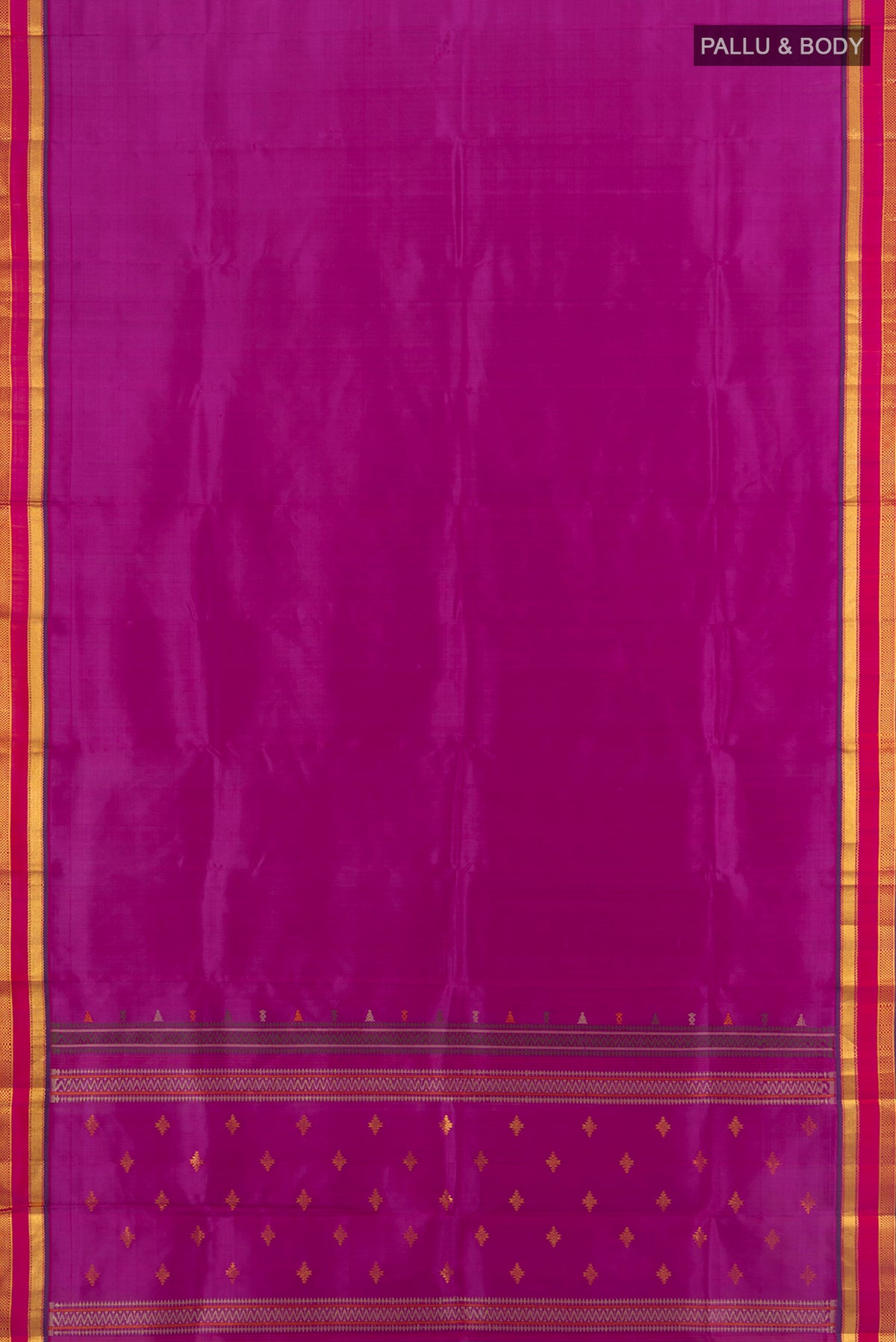 Flat view of Purple Kanchipuram Silk Saree with Plain Body and Zari Border. 