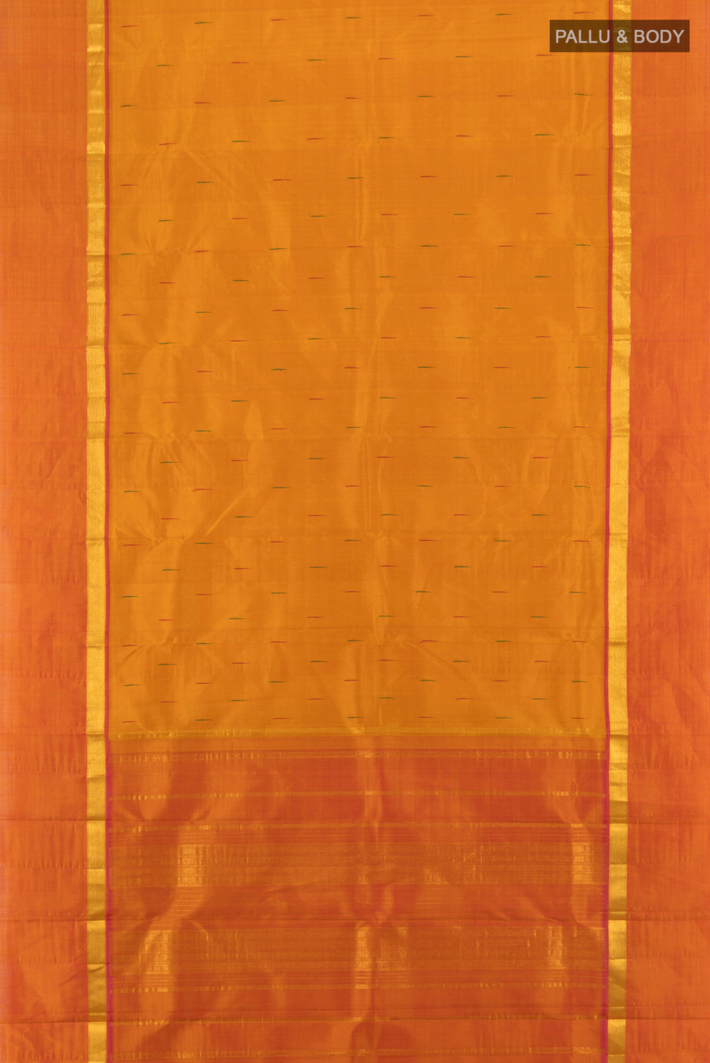Flat view of Mustard Kanchipuram Silk Saree with Thread Butta on the body and Zari Border. 