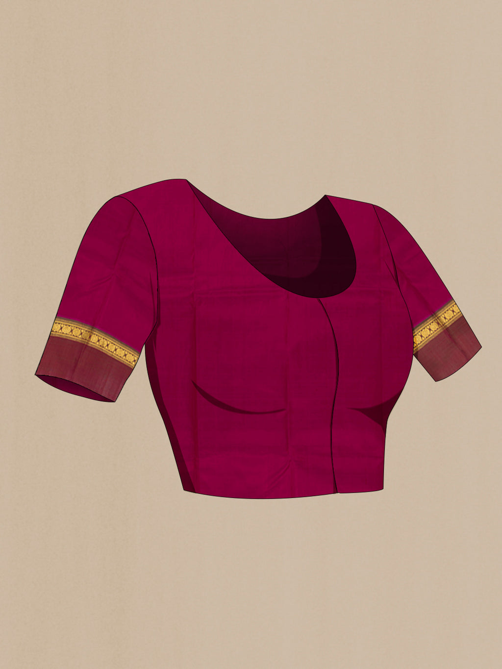 Close up image of the blouse of Magenta Kanchipuram Silk Saree with Plain Body and Zari Border. 