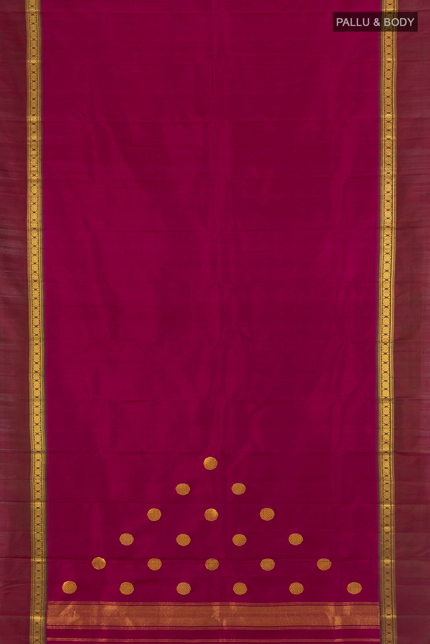 Flat view of Magenta Kanchipuram Silk Saree with Plain Body and Zari Border. 