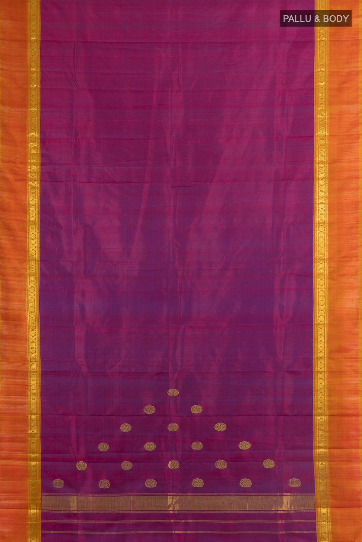 Flat view of Pure Silk Magenta Kanchipuram Saree with Plain Body and Zari Border. 
