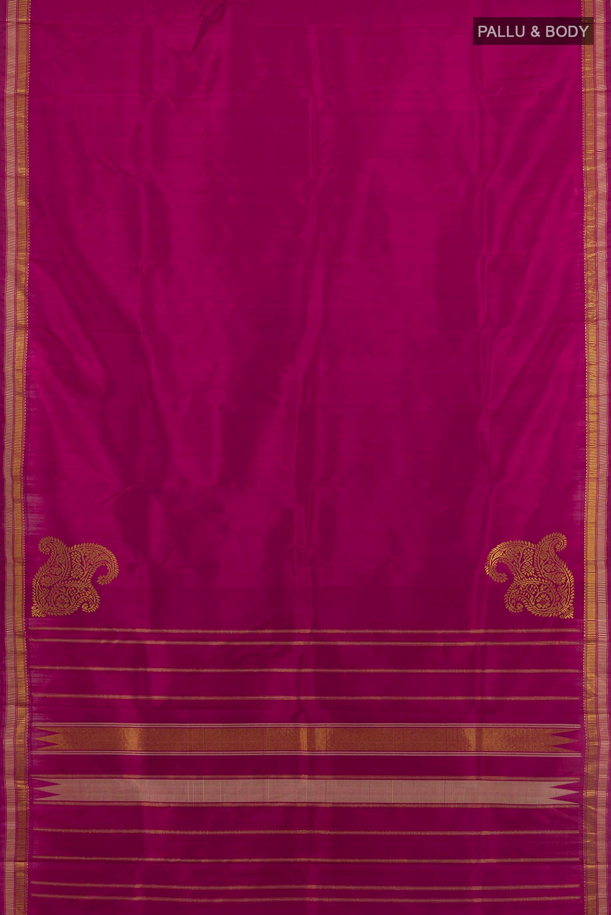 Flat view of Pure Silk Pure Zari Purple Kanchipuram Saree with Plain Body and Silk Border. 