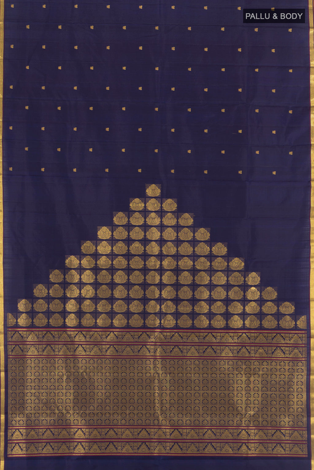 Flat view of Navy Blue Kanjivaram Silk Saree with Zari Butta on the body and Zari Border. 