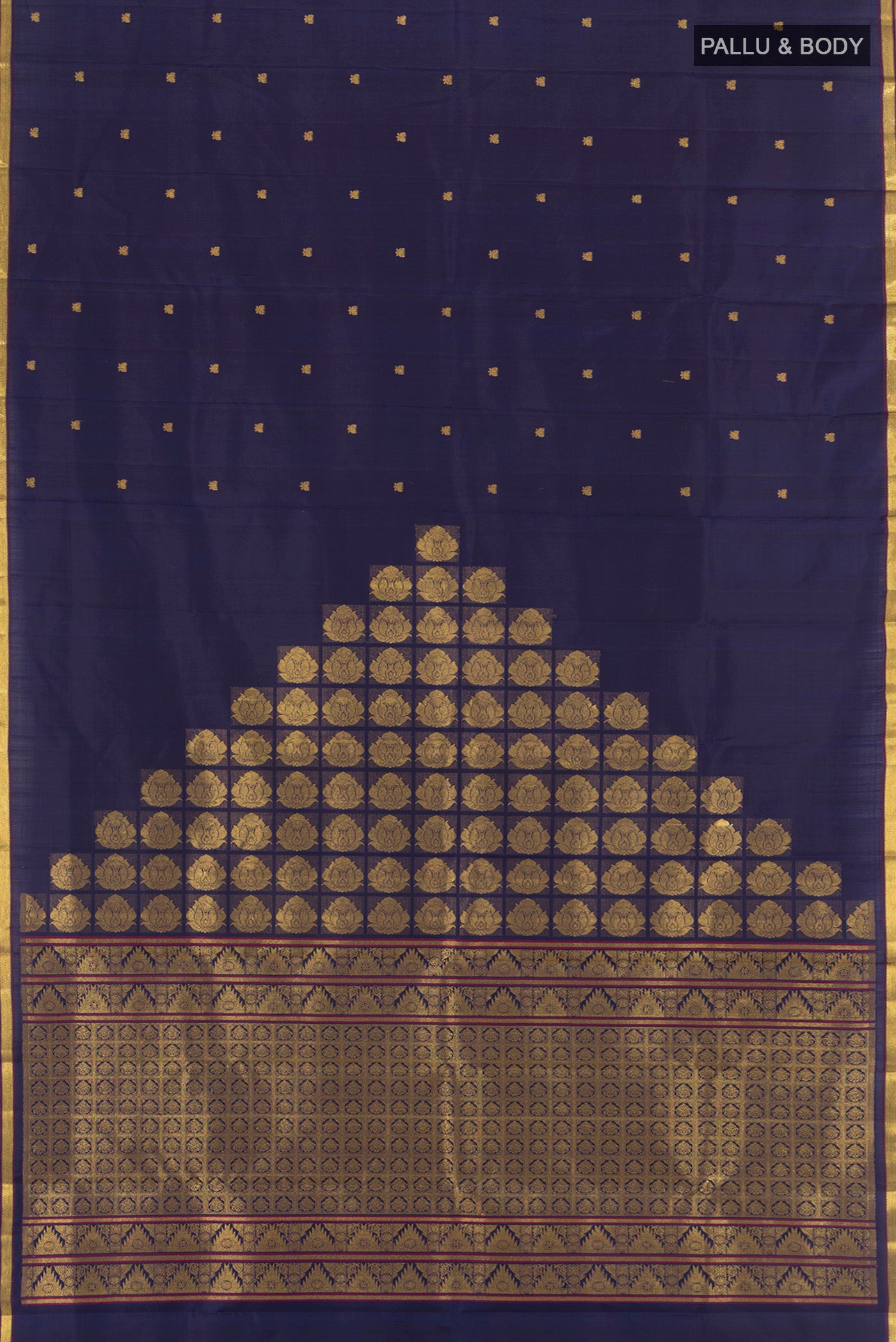 Flat view of Navy Blue Kanjivaram Silk Saree with Zari Butta on the body and Zari Border. 