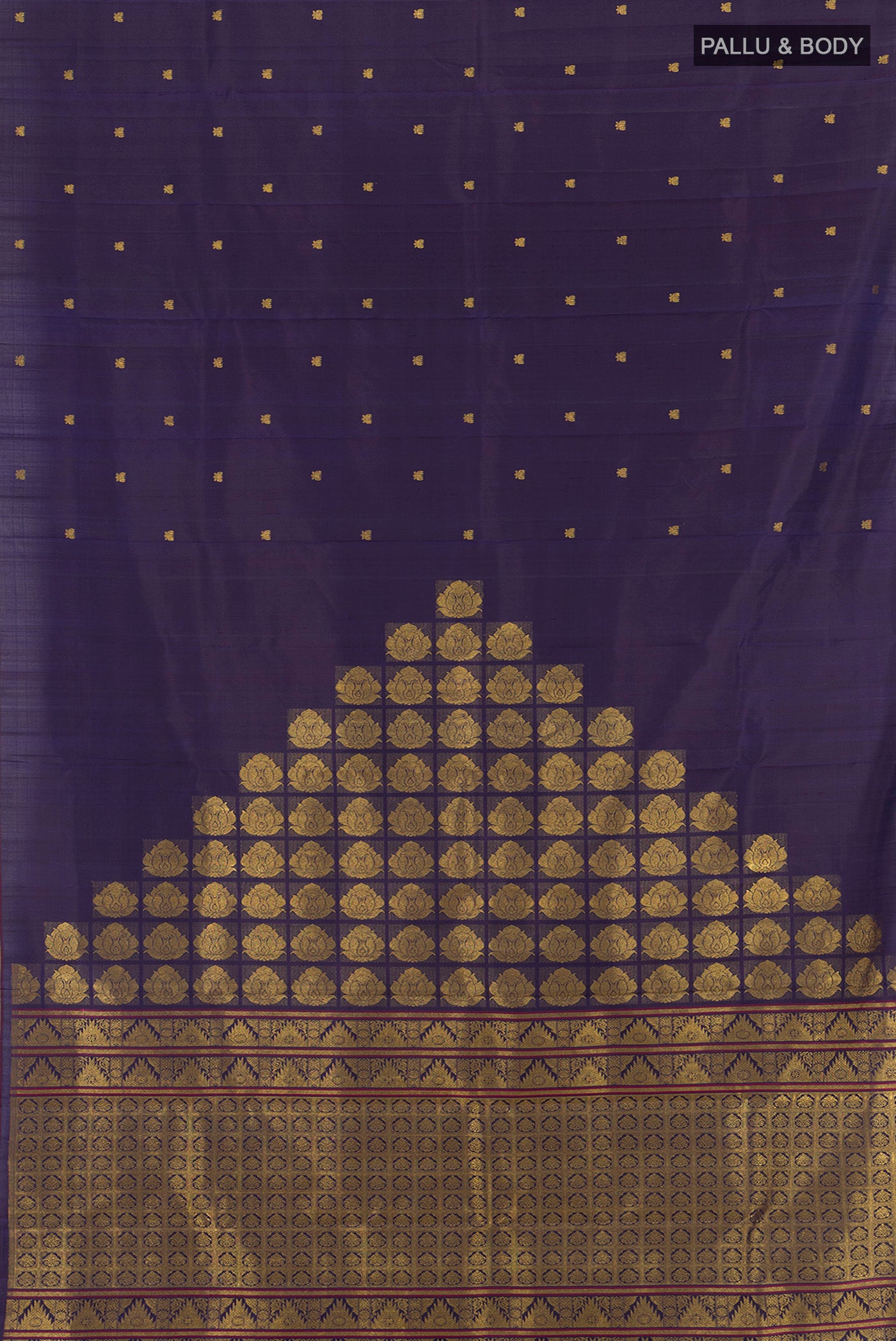 Flat view of Pure Silk Pure Zari Navy Blue Kanjivaram Saree with Zari Butta on the body and Zari Border. 