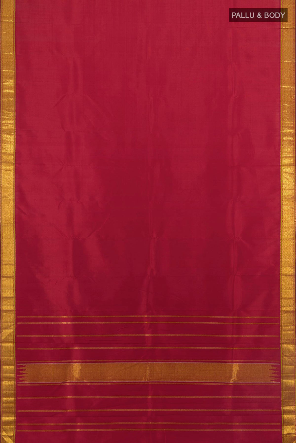 Flat view of Pure Silk Pure Zari Maroon Kanchipuram Saree with Plain Body and Silk Border. 