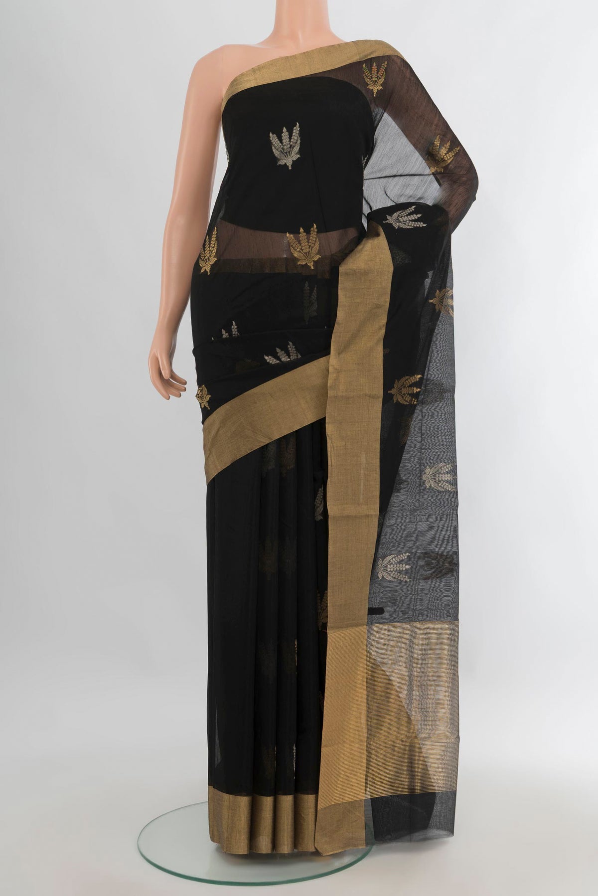 Black Chanderi Cotton Saree with Zari Butta on the body and Zari Border.  displayed on a mannequin