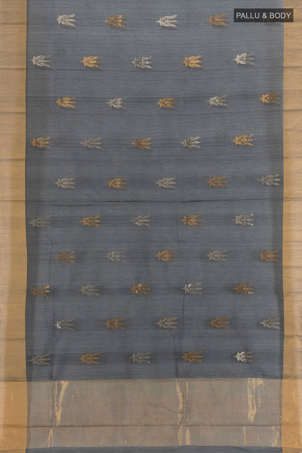 Flat view of Black Chanderi Cotton Saree with Zari Butta on the body and Zari Border. 