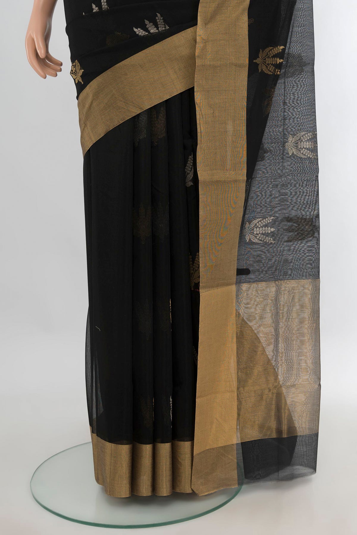 Pleats and pallu of Black Chanderi Cotton Saree with Zari Butta on the body and Zari Border. 
