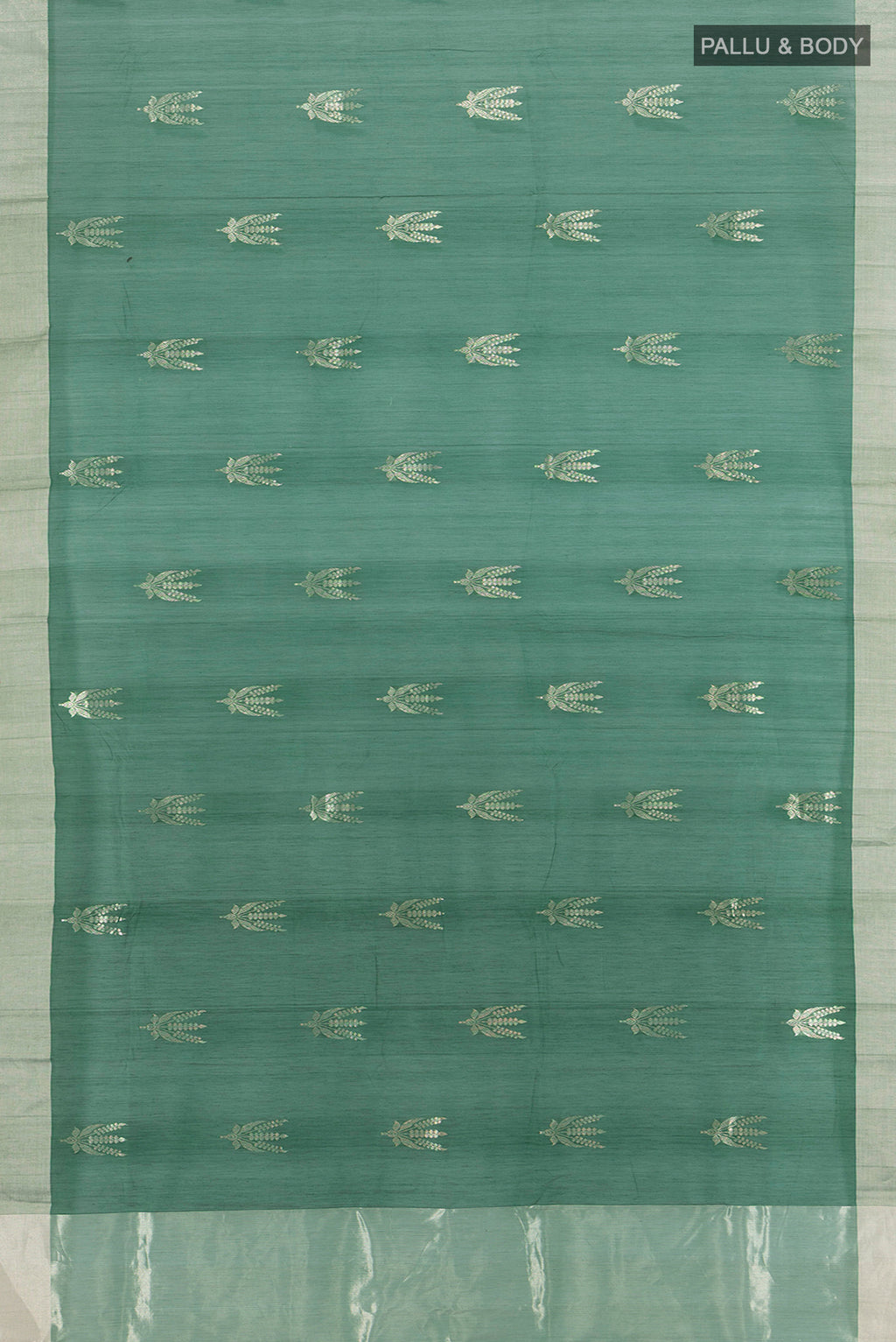 Flat view of Bottle Green Chanderi Silk Cotton Saree with Zari Butta on the body and Zari Border. 