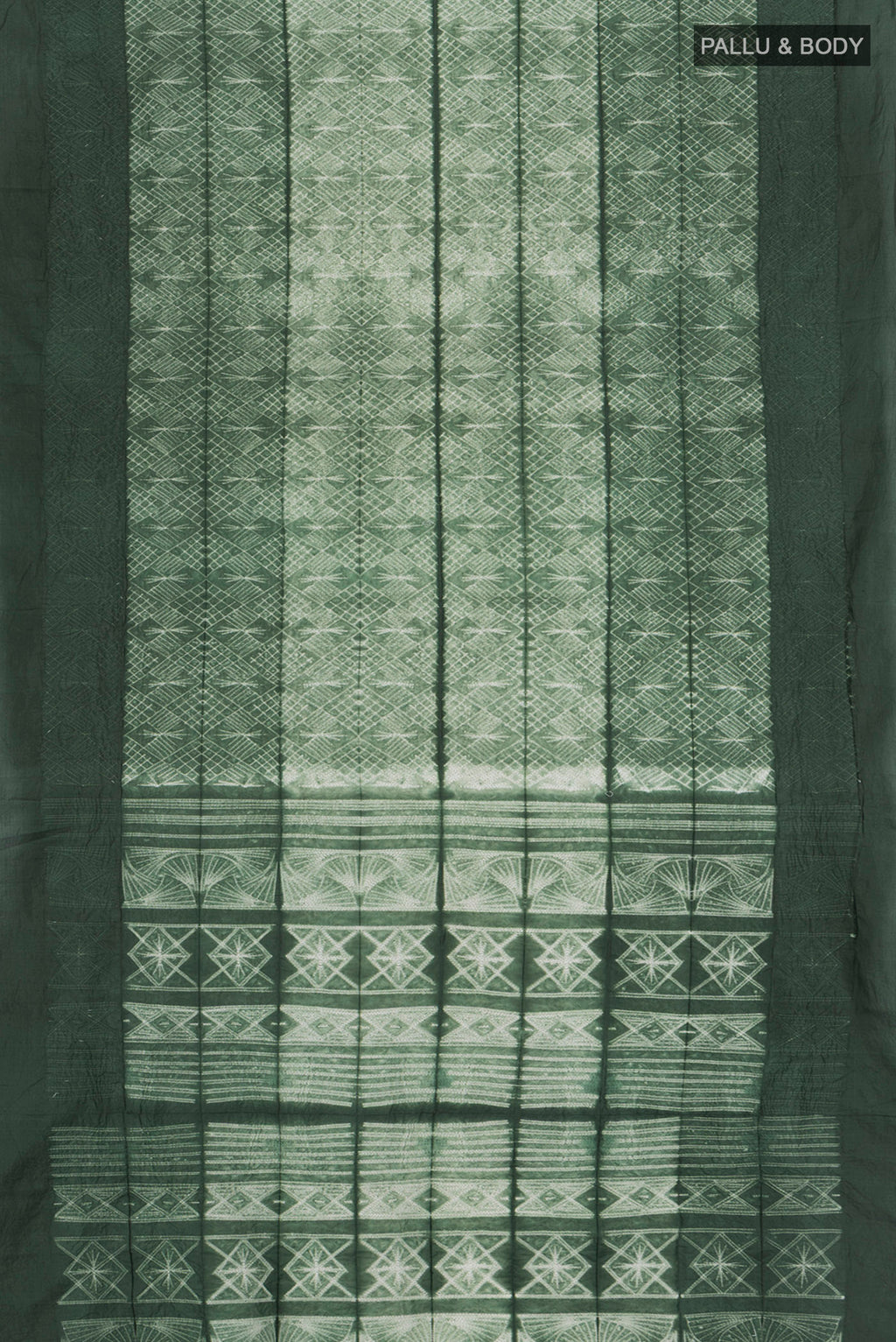 Flat view of Bottle Green Tussar Silk Saree with Floral Print on the body and Plain Border. 