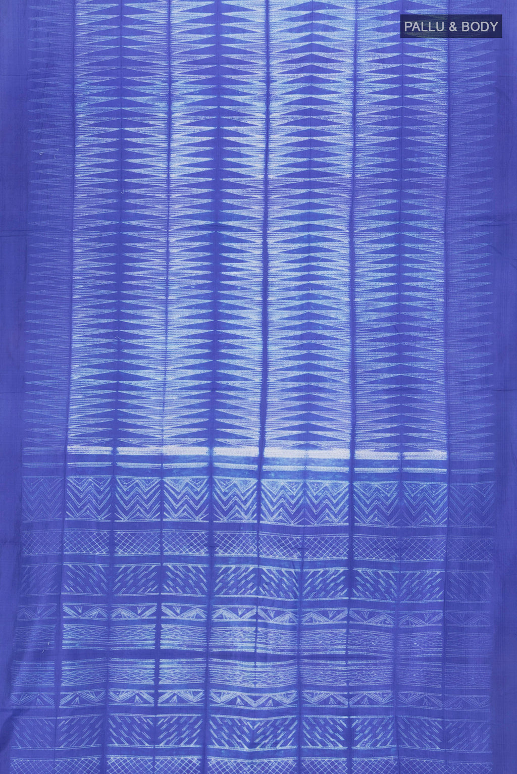 Flat view of Royal Blue Tussar Silk Saree with Printed design on the body and Printed Border. 
