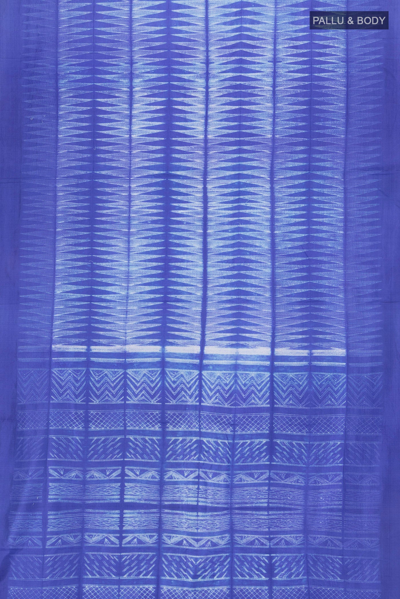 Flat view of Royal Blue Tussar Silk Saree with Printed design on the body and Printed Border. 