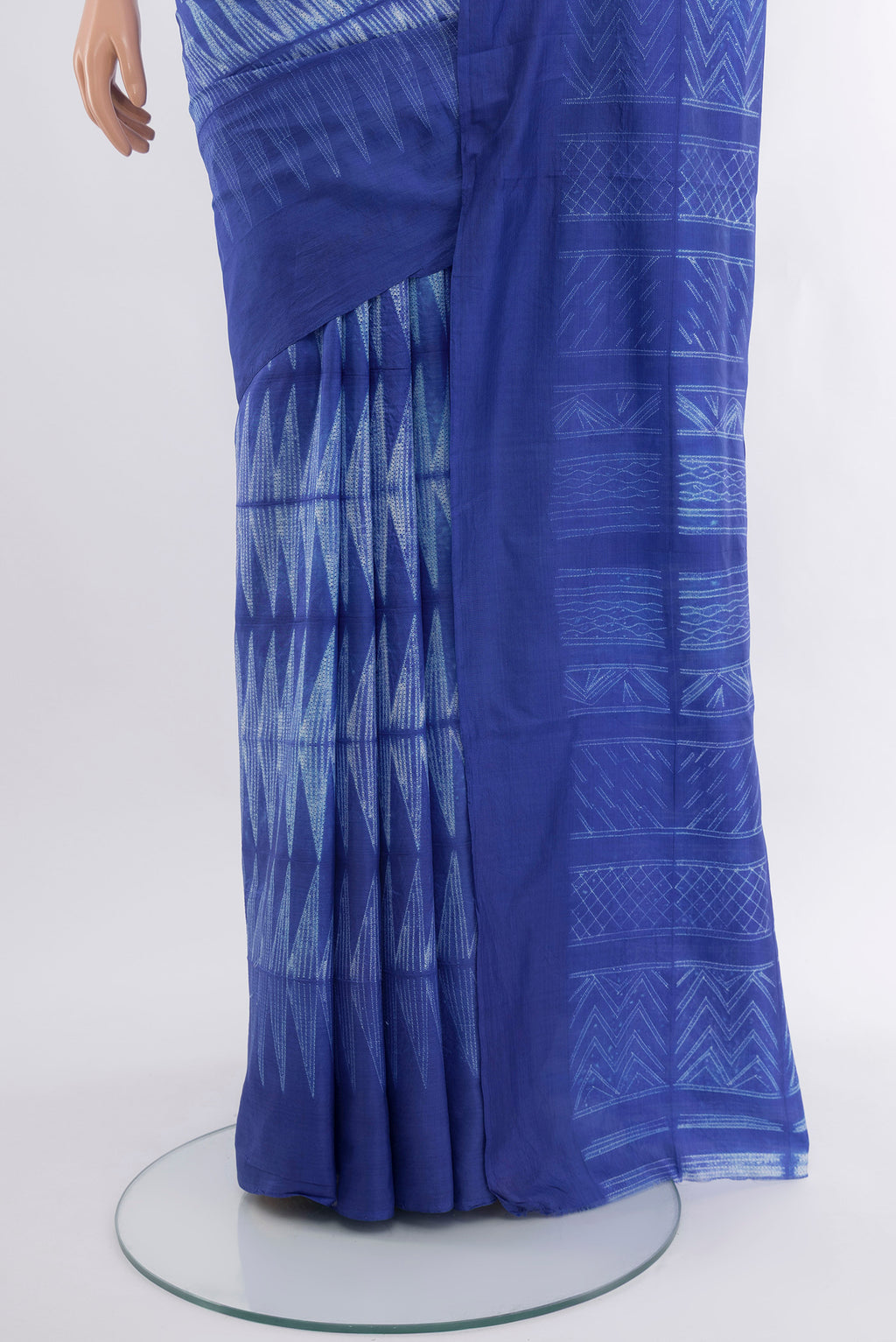 Pleats and pallu of Royal Blue Tussar Silk Saree with Printed design on the body and Printed Border. 
