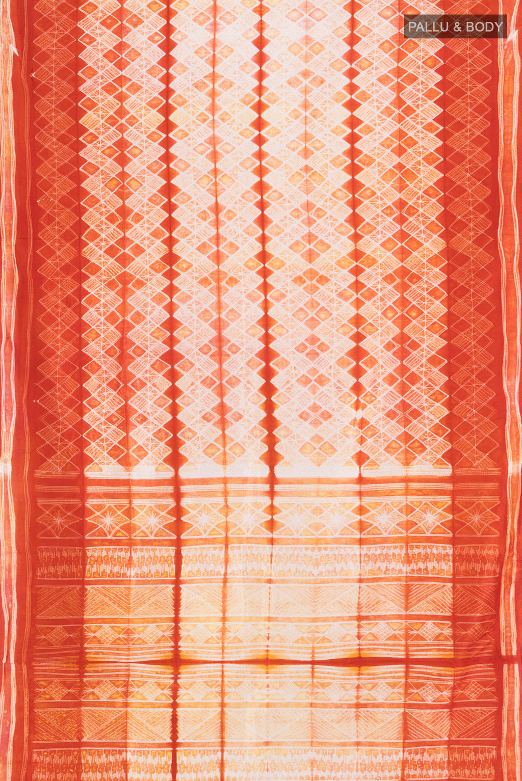 Flat view of Cream Tussar Silk Saree with Floral Print on the body and Printed Border. 