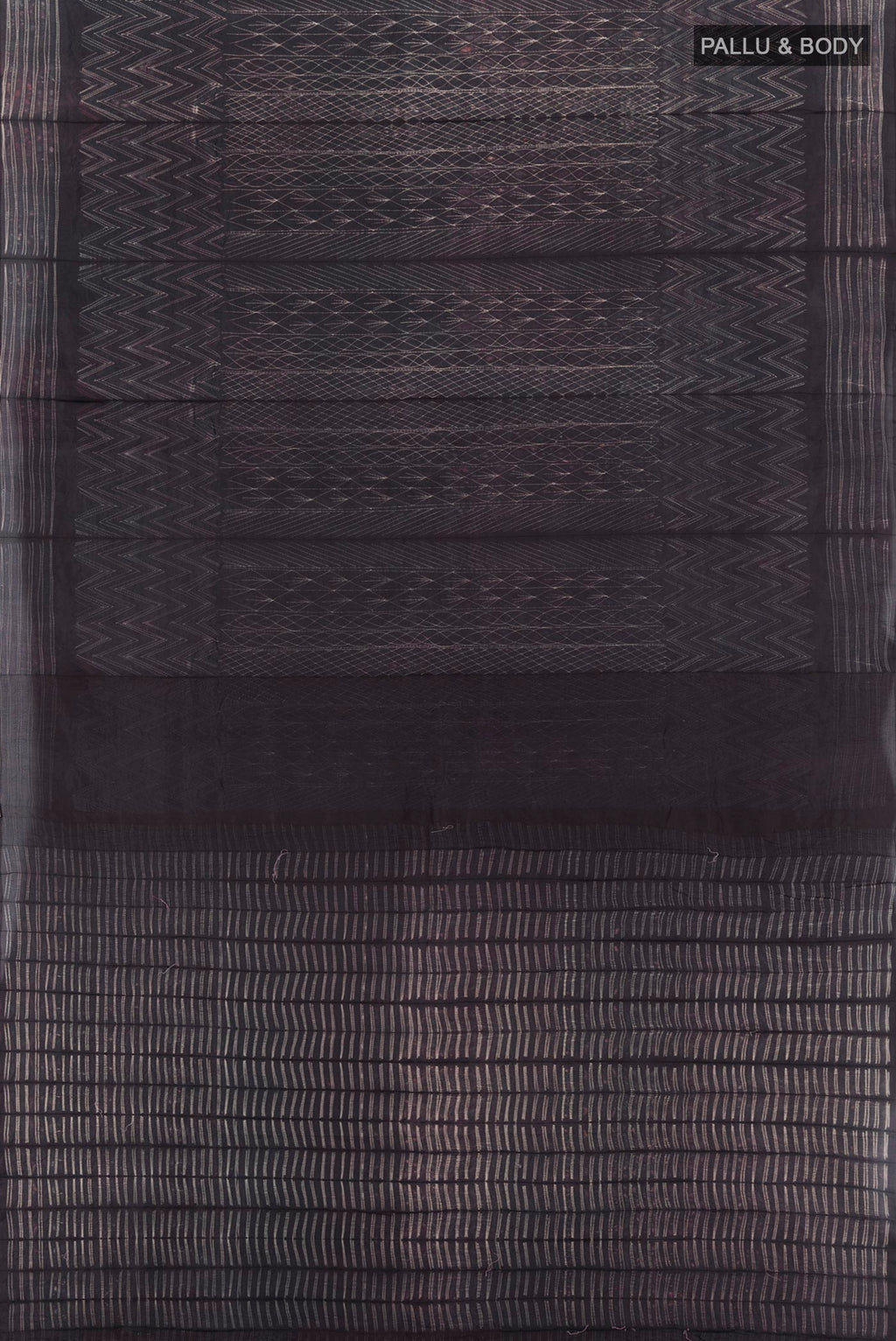 Flat view of Black Tussar Silk Saree with Printed design on the body and Plain Border. 