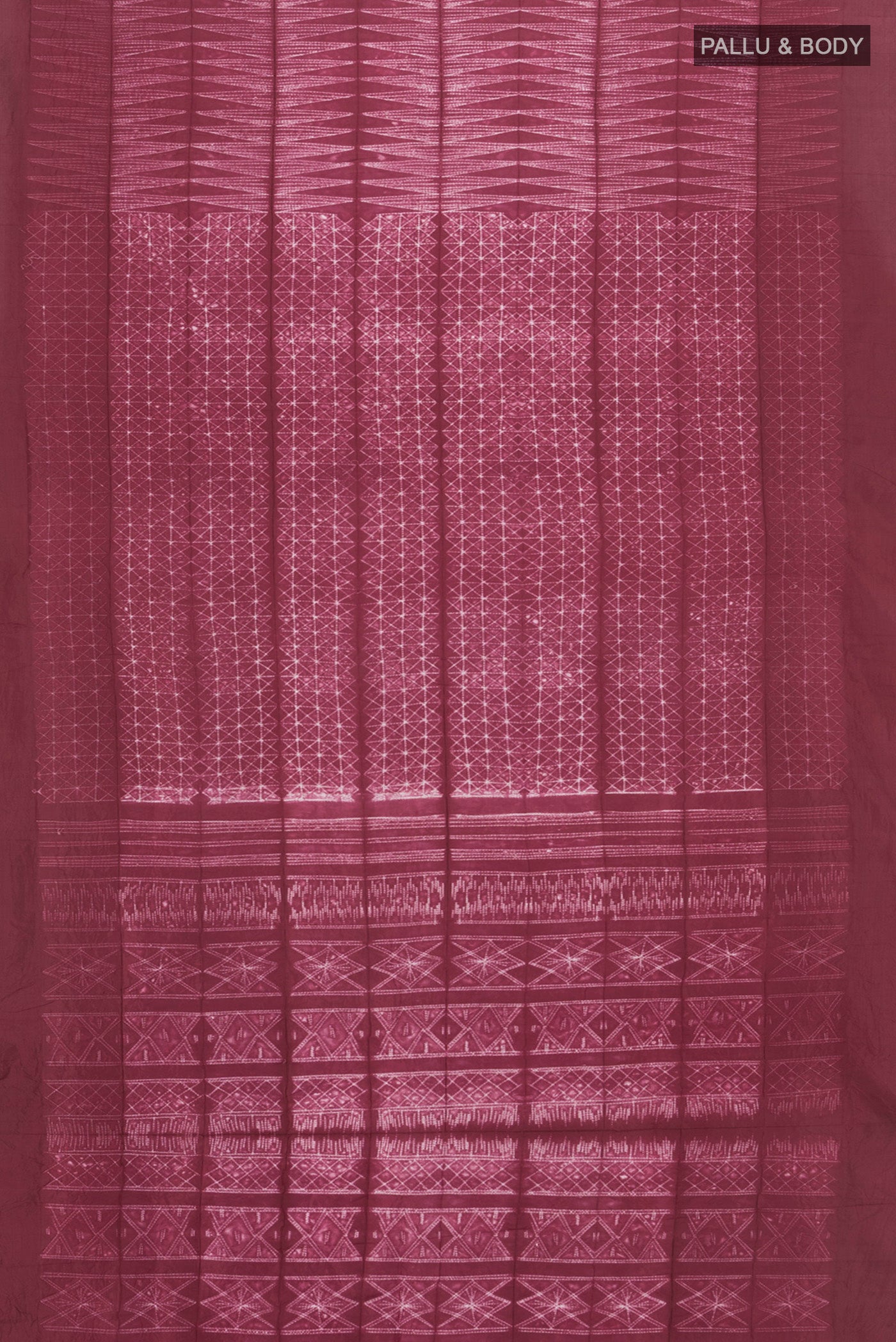 Flat view of Maroon Tussar Silk Saree with Floral Print on the body and Plain Border. 