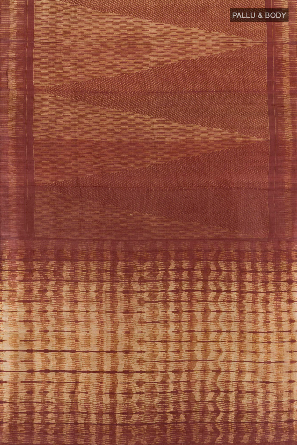 Flat view of Brown Tussar Silk Saree with Floral Print on the body and Printed Border. 
