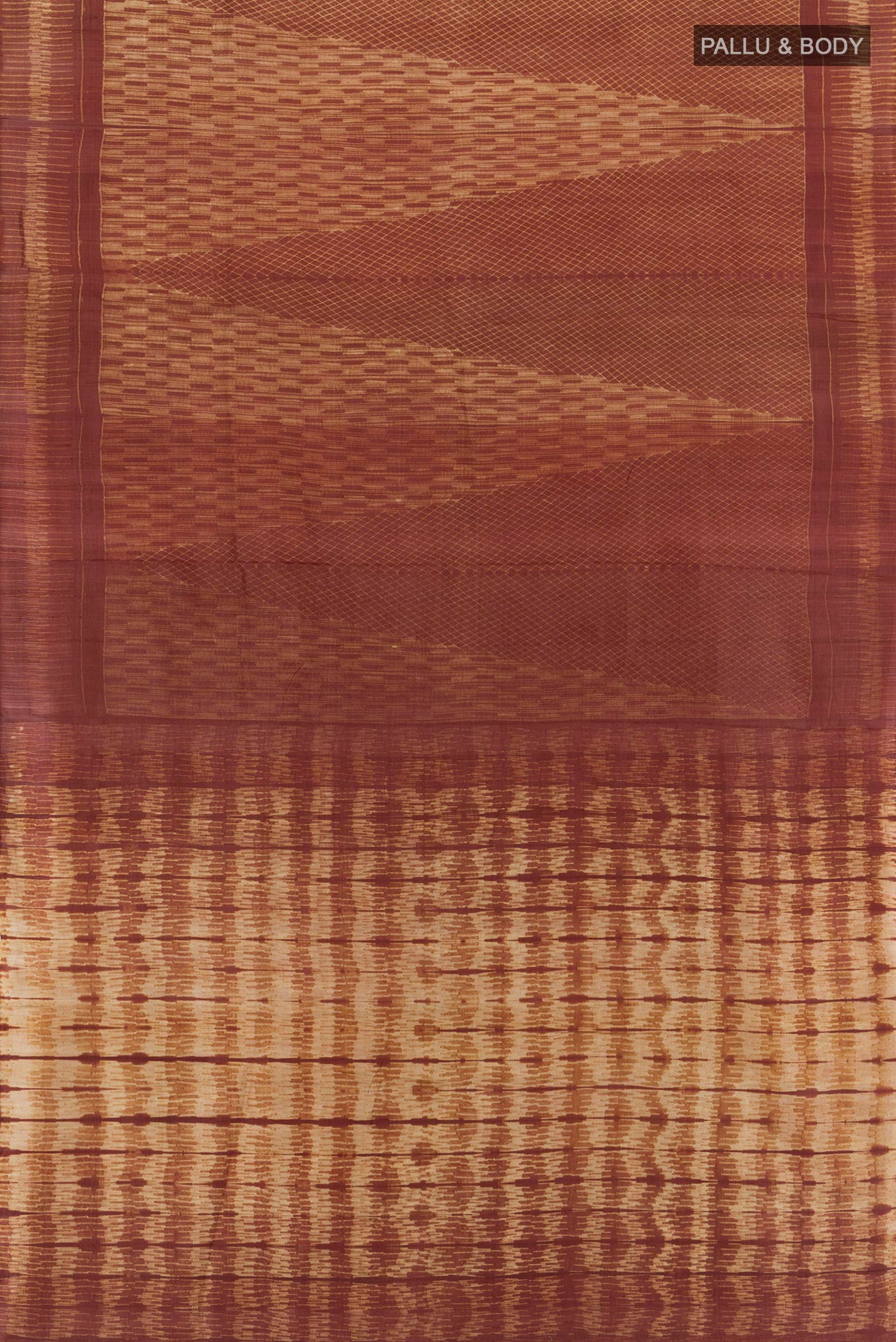 Flat view of Brown Tussar Silk Saree with Floral Print on the body and Printed Border. 