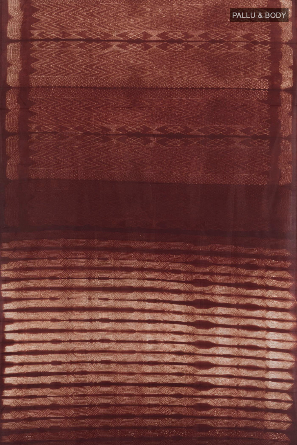 Flat view of Brown Tussar Silk Saree with Printed design on the body and Printed Border. 