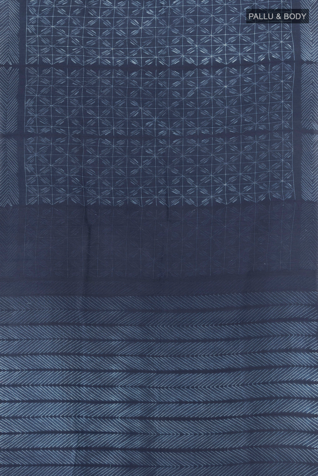 Flat view of Navy Blue Tussar Silk Saree with Printed design on the body and Printed Border. 