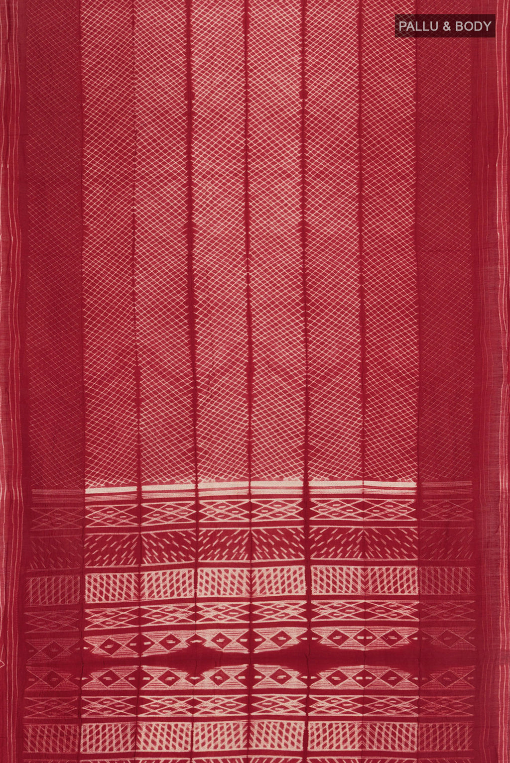 Flat view of Maroon Tussar Silk Nine Yards Saree with Printed design on the body and Plain Border. 