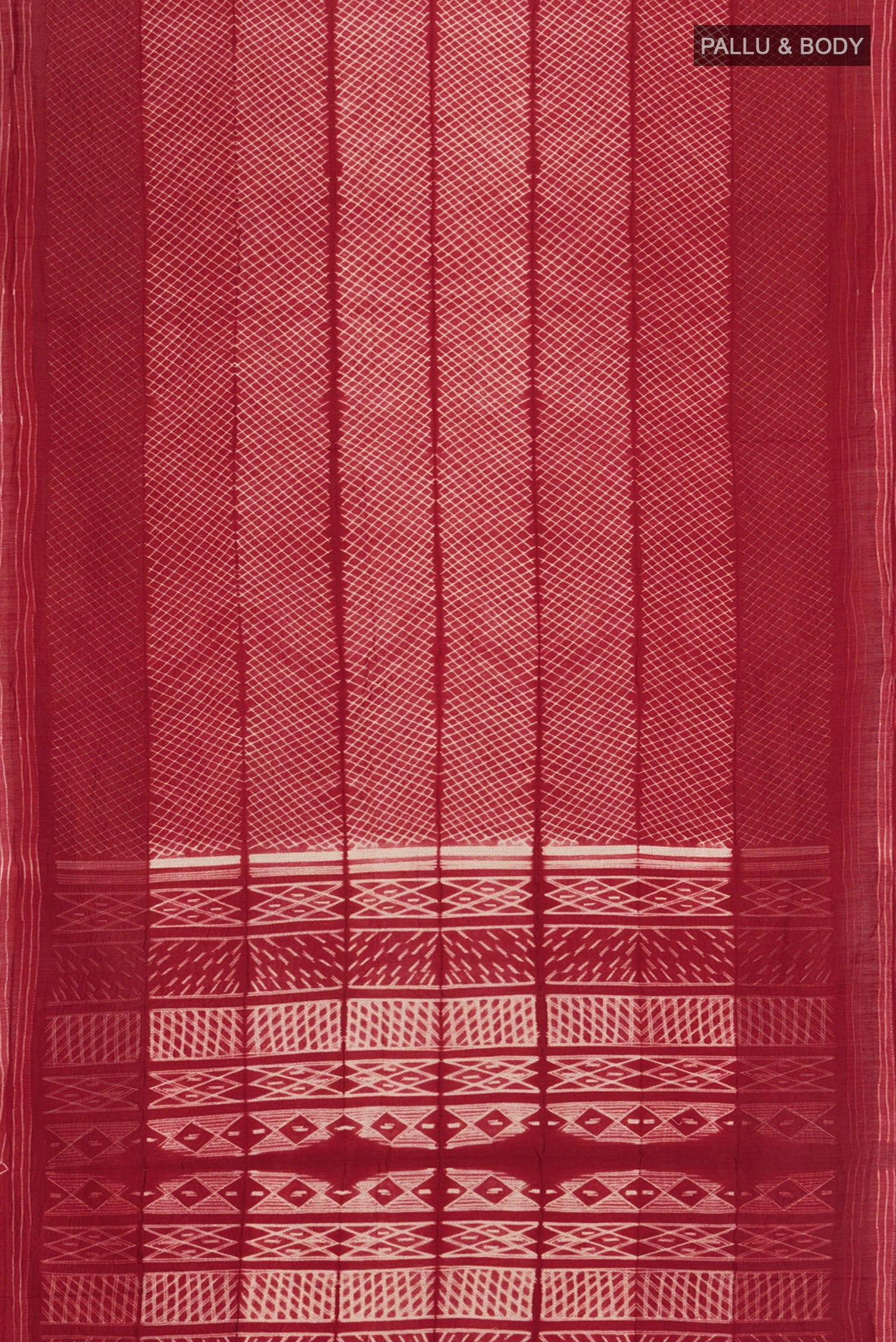 Flat view of Maroon Tussar Silk Nine Yards Saree with Printed design on the body and Plain Border. 