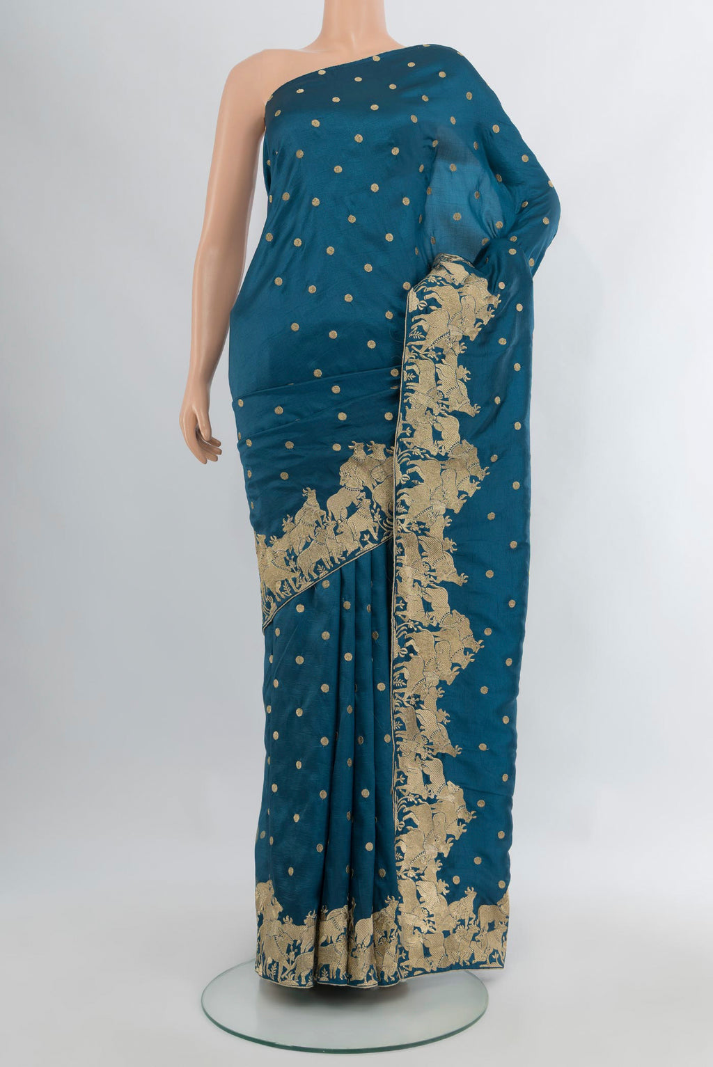 Blue Blended Art Silk Saree with Embroidery on the body and Embroidery Border.  displayed on a mannequin