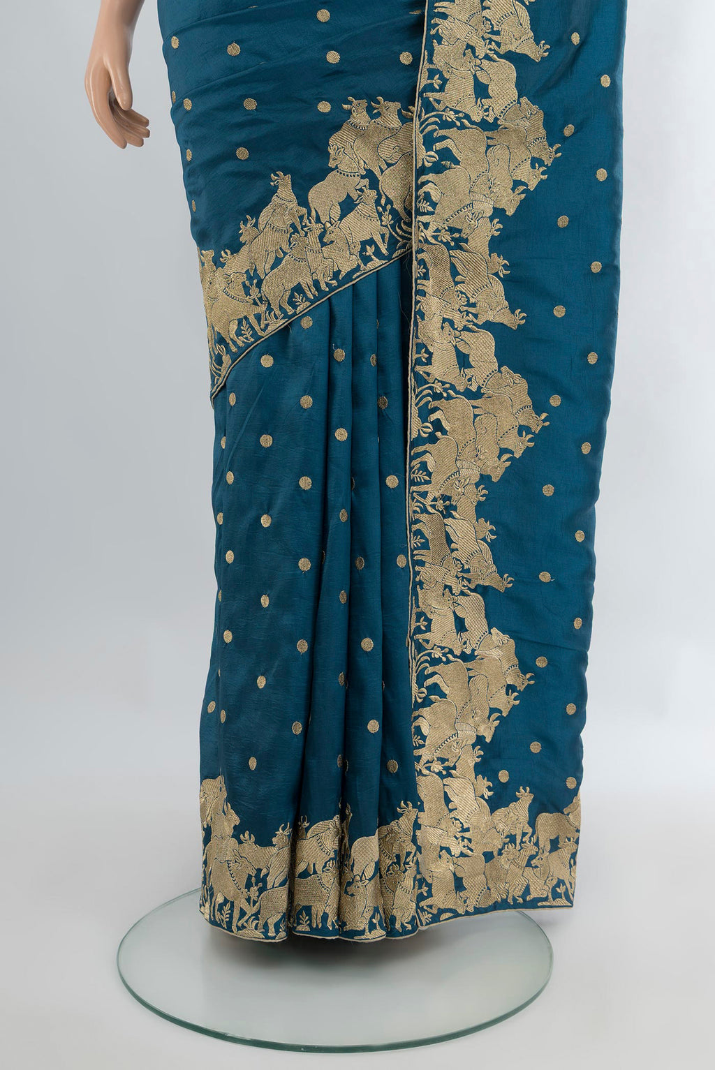 Pleats and pallu of Blue Blended Art Silk Saree with Embroidery on the body and Embroidery Border. 