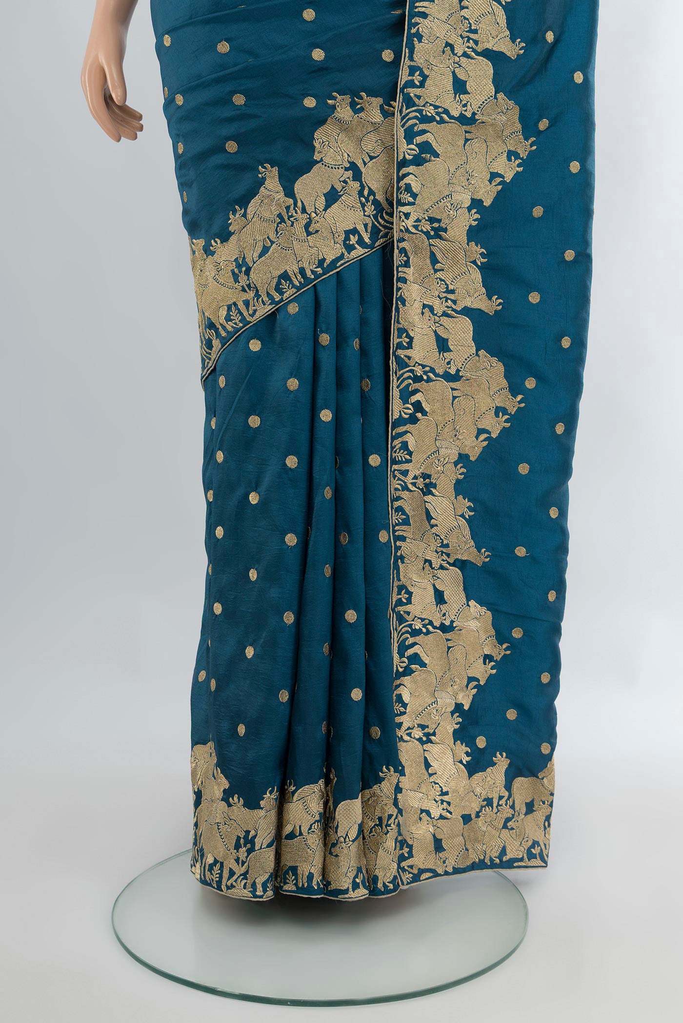 Pleats and pallu of Blue Blended Art Silk Saree with Embroidery on the body and Embroidery Border. 