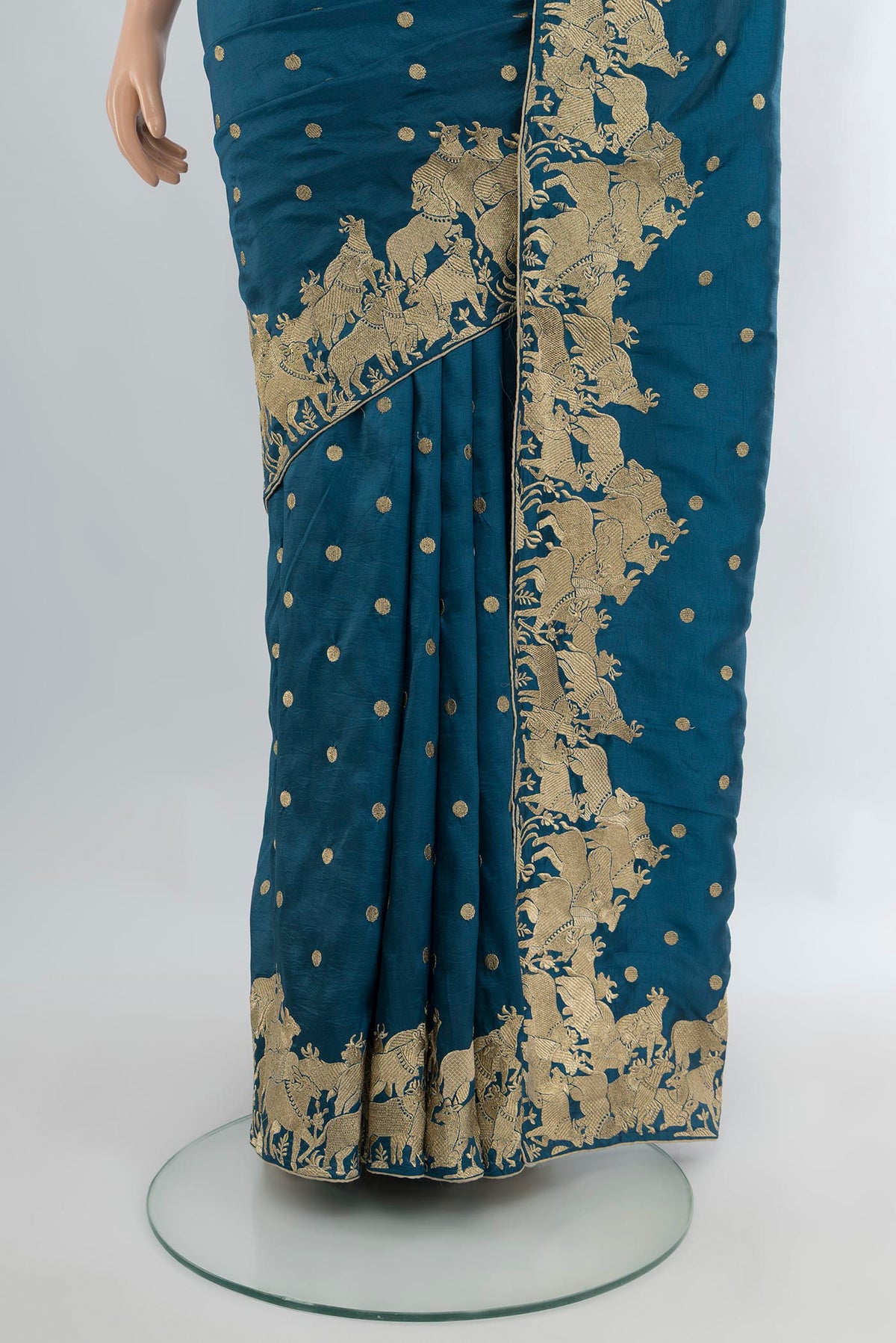 Pleats and pallu of Blue Blended Art Silk Saree with Embroidery on the body and Embroidery Border. 
