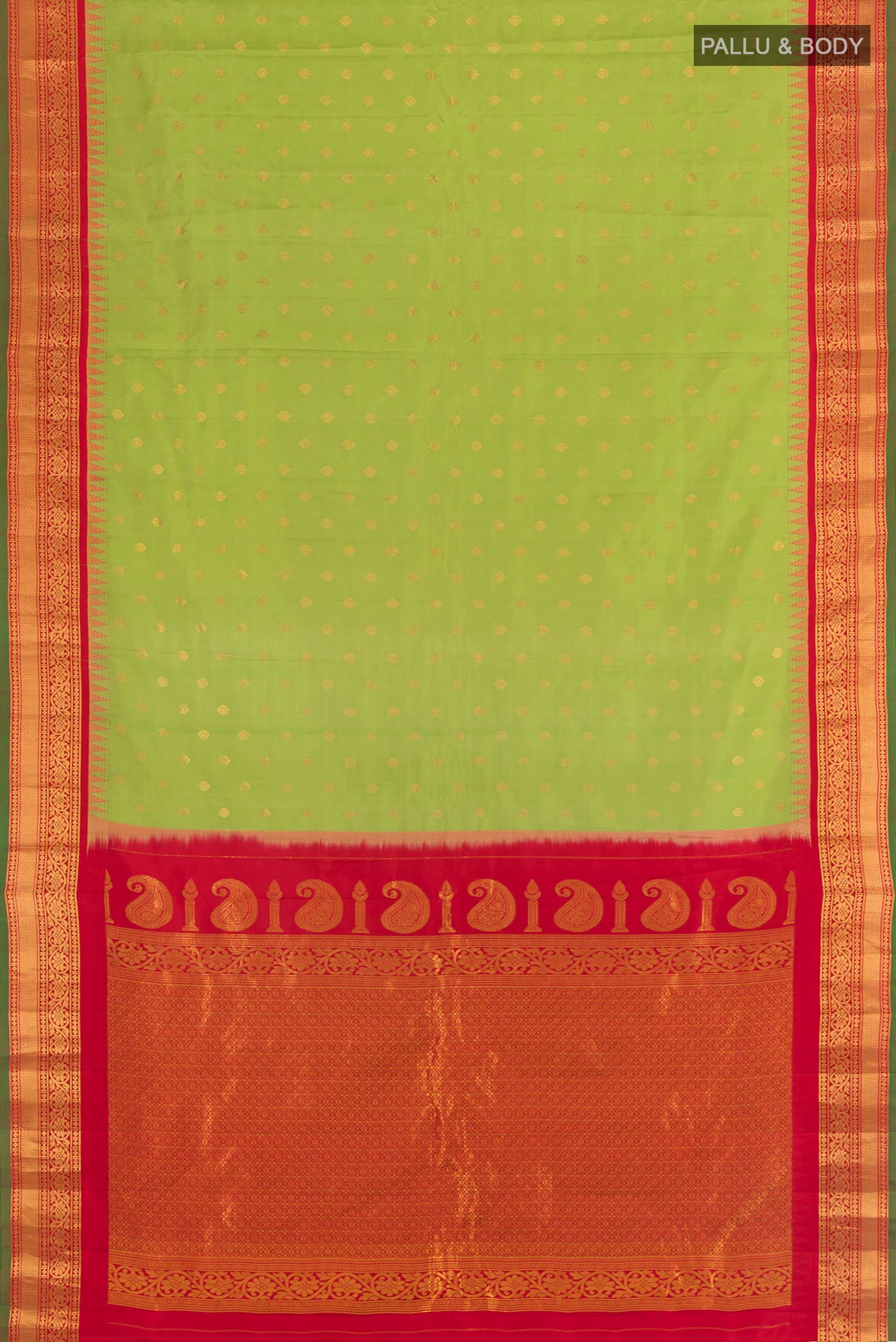 Flat view of Light Green Gadwal Silk Saree with Zari Butta on the body and Zari Border. 