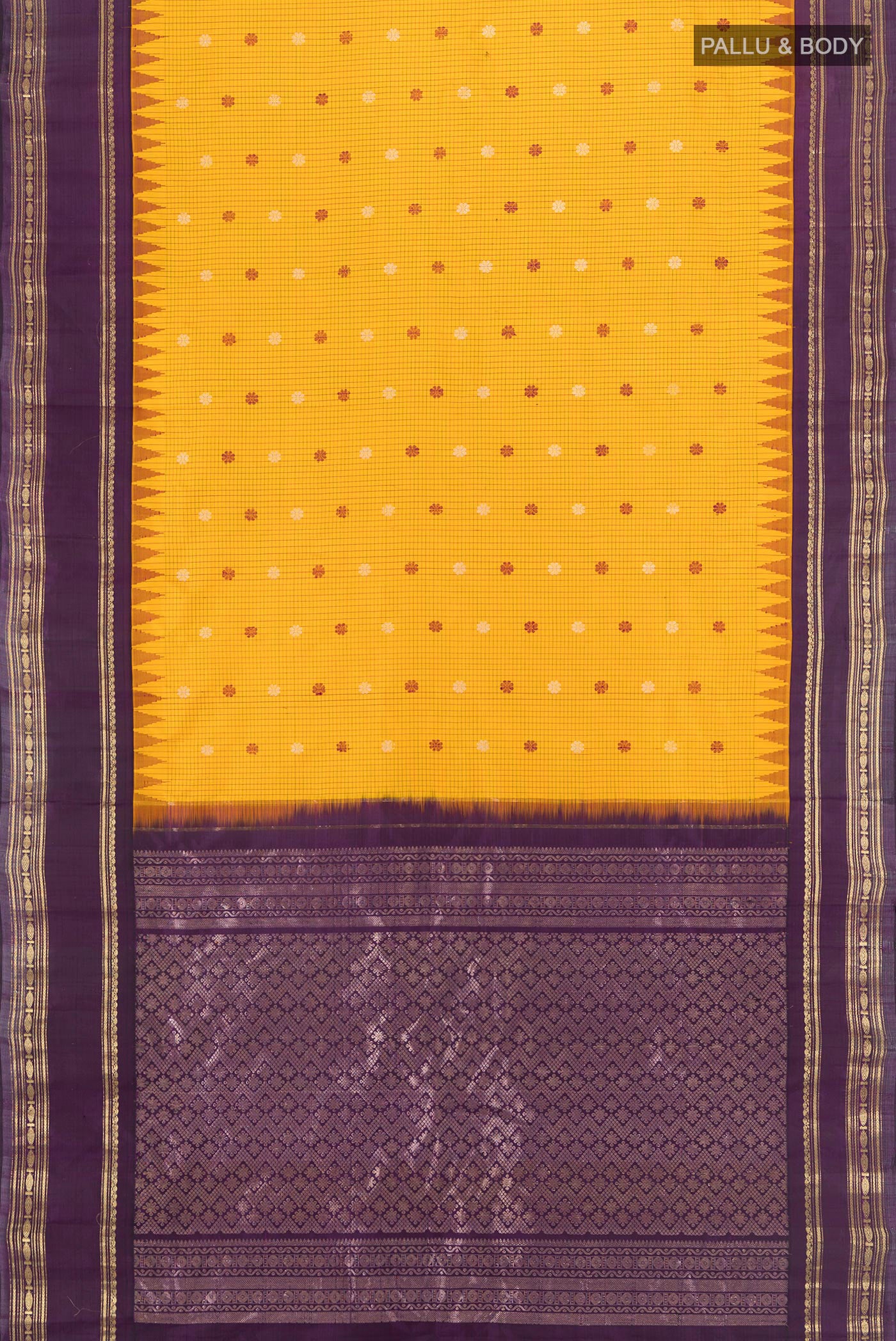 Flat view of Yellow Gadwal Silk Saree with Checked design on the body and Zari Border. 