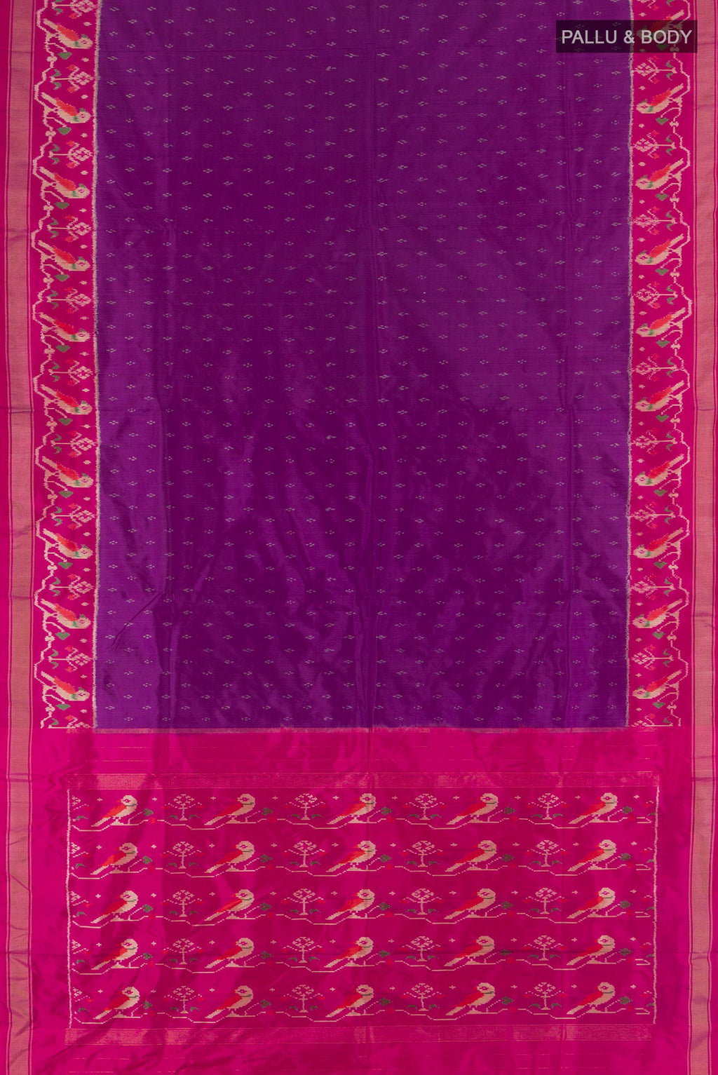 Flat view of Pure Silk Purple Pochampally Saree with Pure Ikat on the body and Ikat Border. 