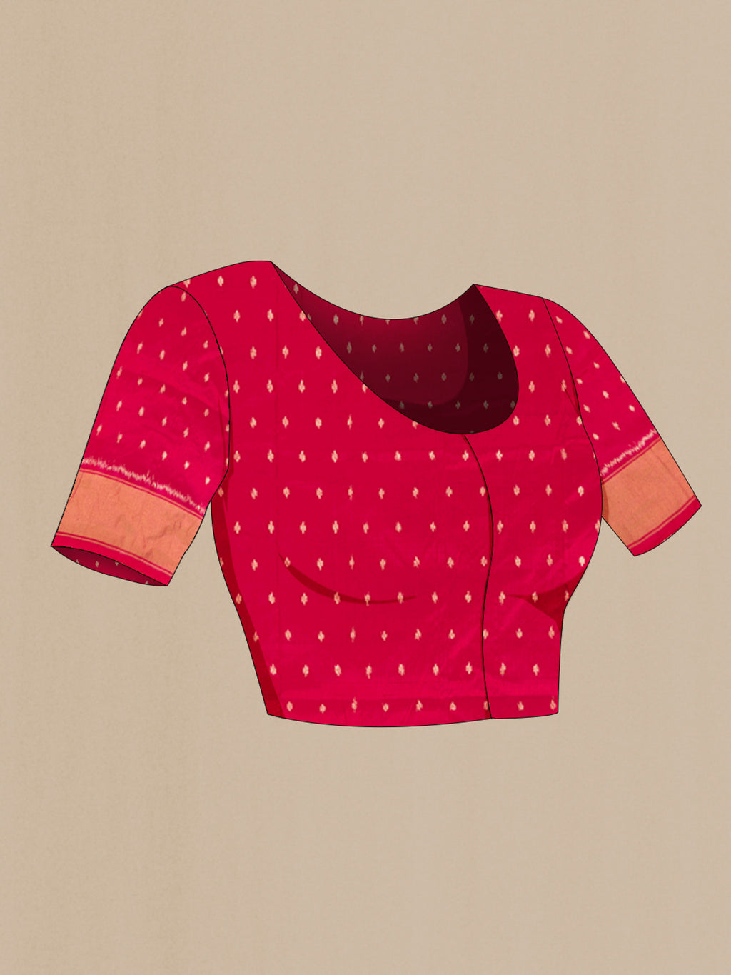 Close up image of the blouse of Mustard Pochampally Silk Saree with Ikat design on the body and Zari Border. 