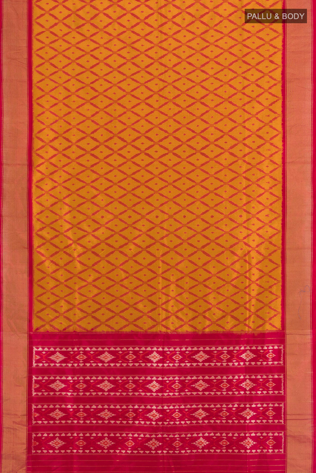 Flat view of Mustard Pochampally Silk Saree with Ikat design on the body and Zari Border. 