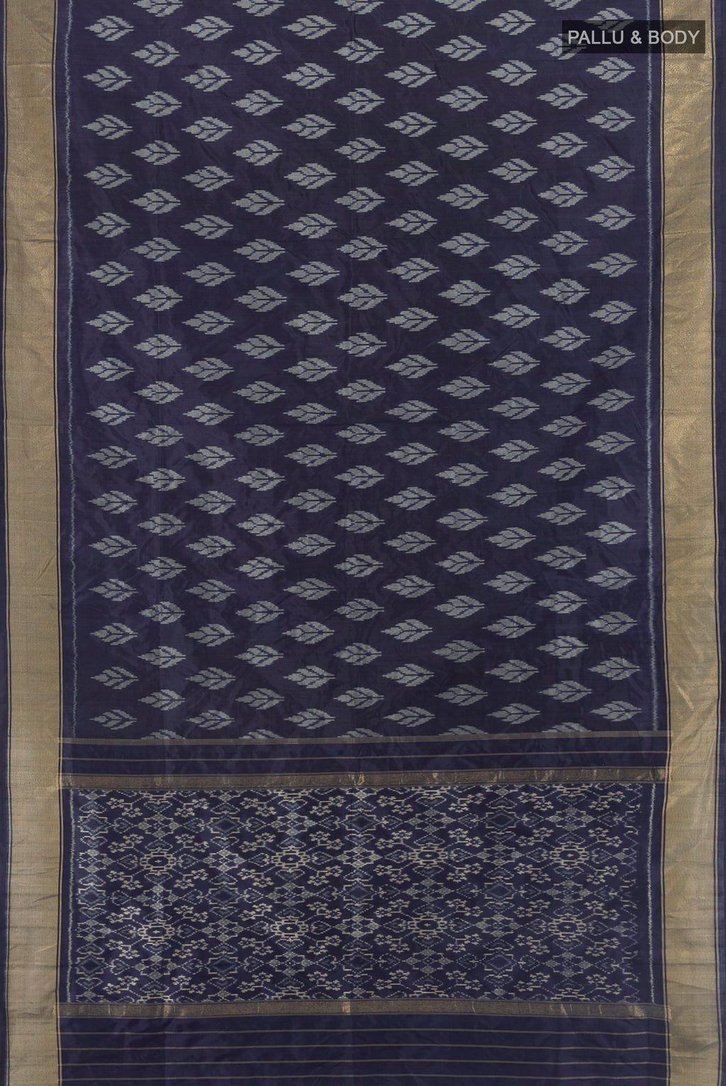 Flat view of Navy Blue Pochampally Silk Saree with Pure Ikat on the body and Zari Border. 