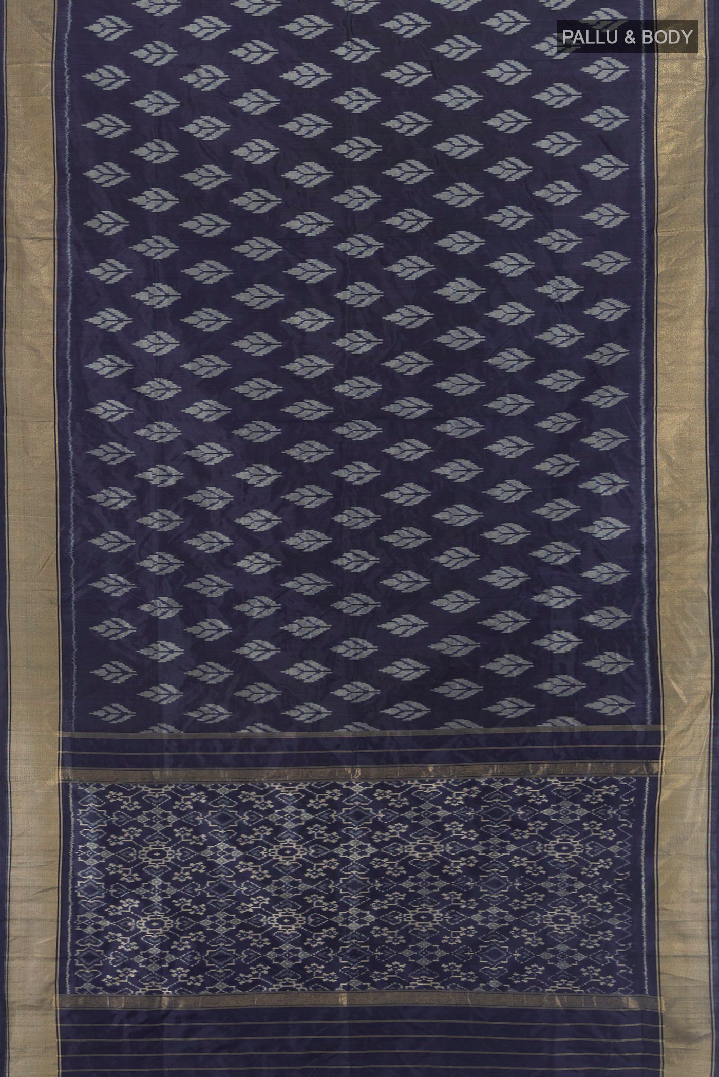 Flat view of Navy Blue Pochampally Silk Saree with Pure Ikat on the body and Zari Border. 
