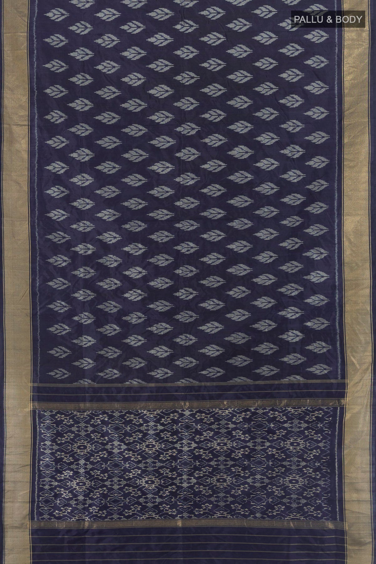 Flat view of Navy Blue Pochampally Silk Saree with Pure Ikat on the body and Zari Border. 