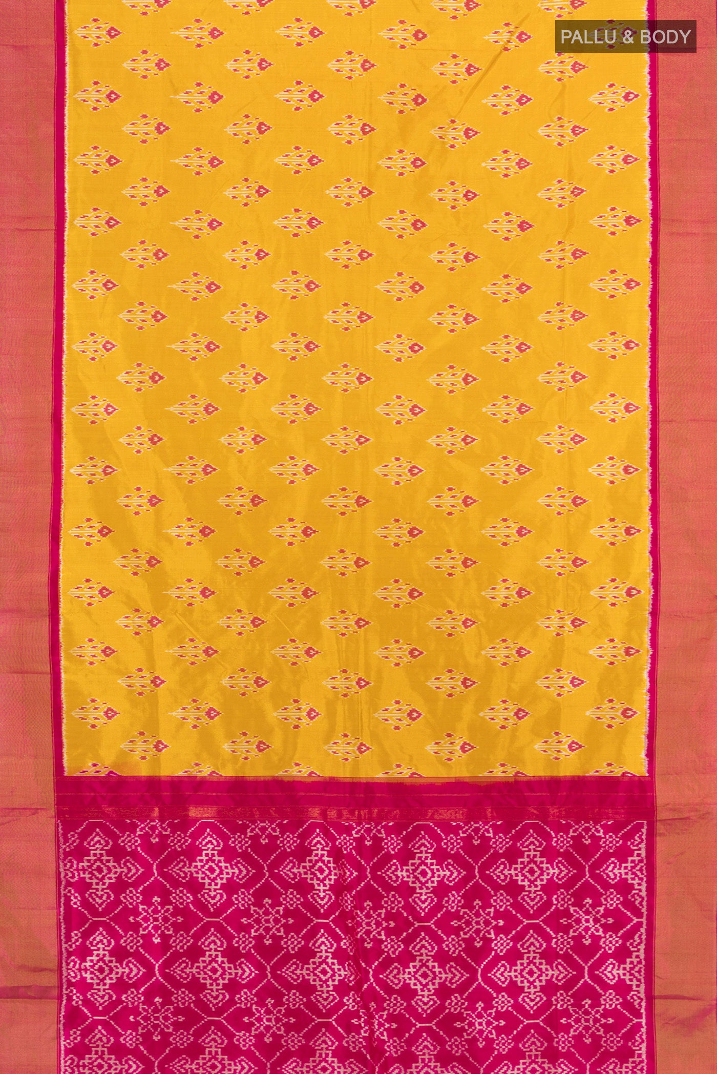 Flat view of Yellow Pochampally Silk Saree with Pure Ikat on the body and Zari Border. 