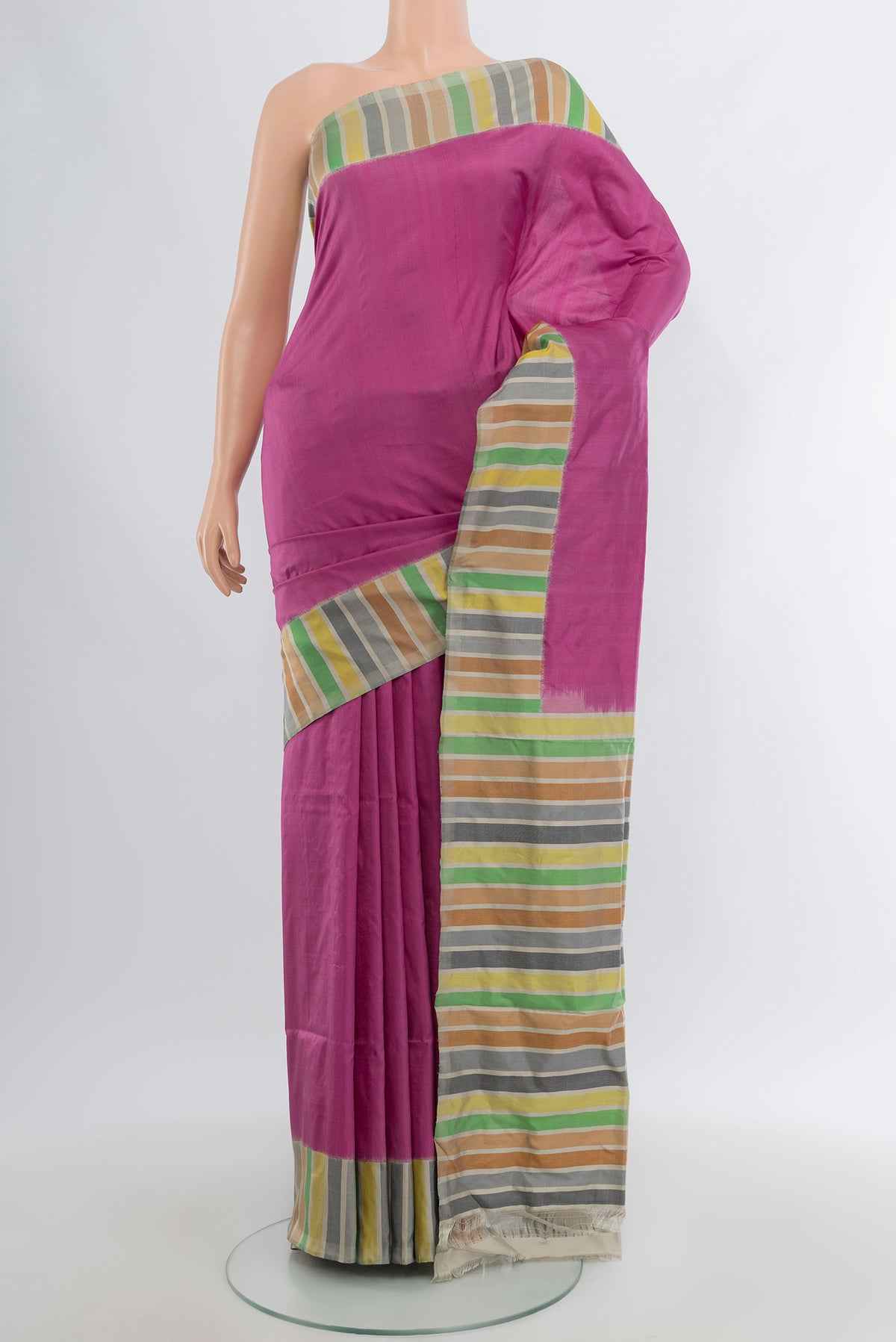 Lavender Pochampally Silk Saree with Plain Body and Plain Border.  displayed on a mannequin